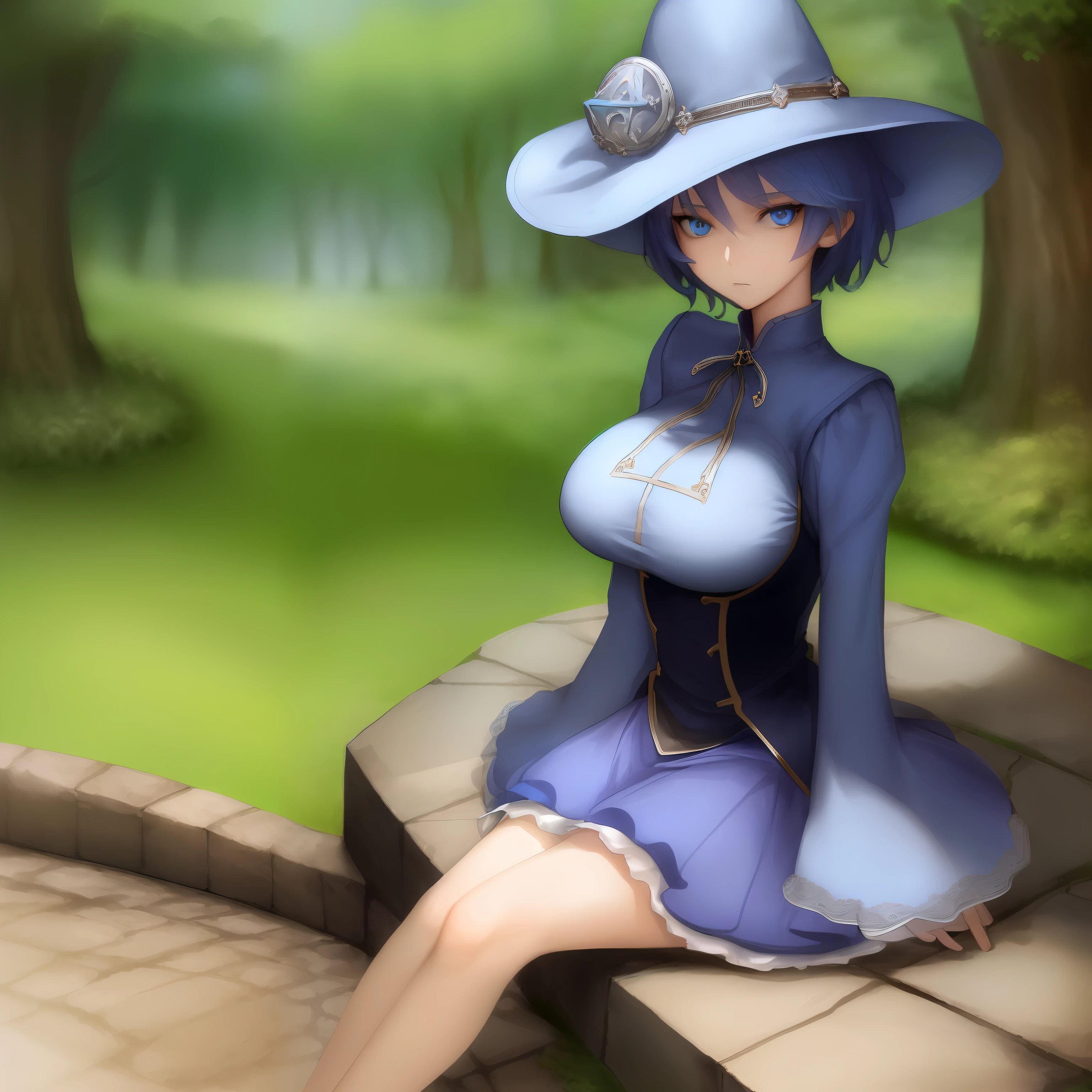 (masterpiece), best quality, perfect face, expressive eyes, merlin prismriver,1girl,hat,blue eyes,blue hair, short hair, long sleeves, skirt,w sitting, legs on the ground, sitting on ground, w sitting on ground, arms between legs, both arms between legs, big breast,good breast