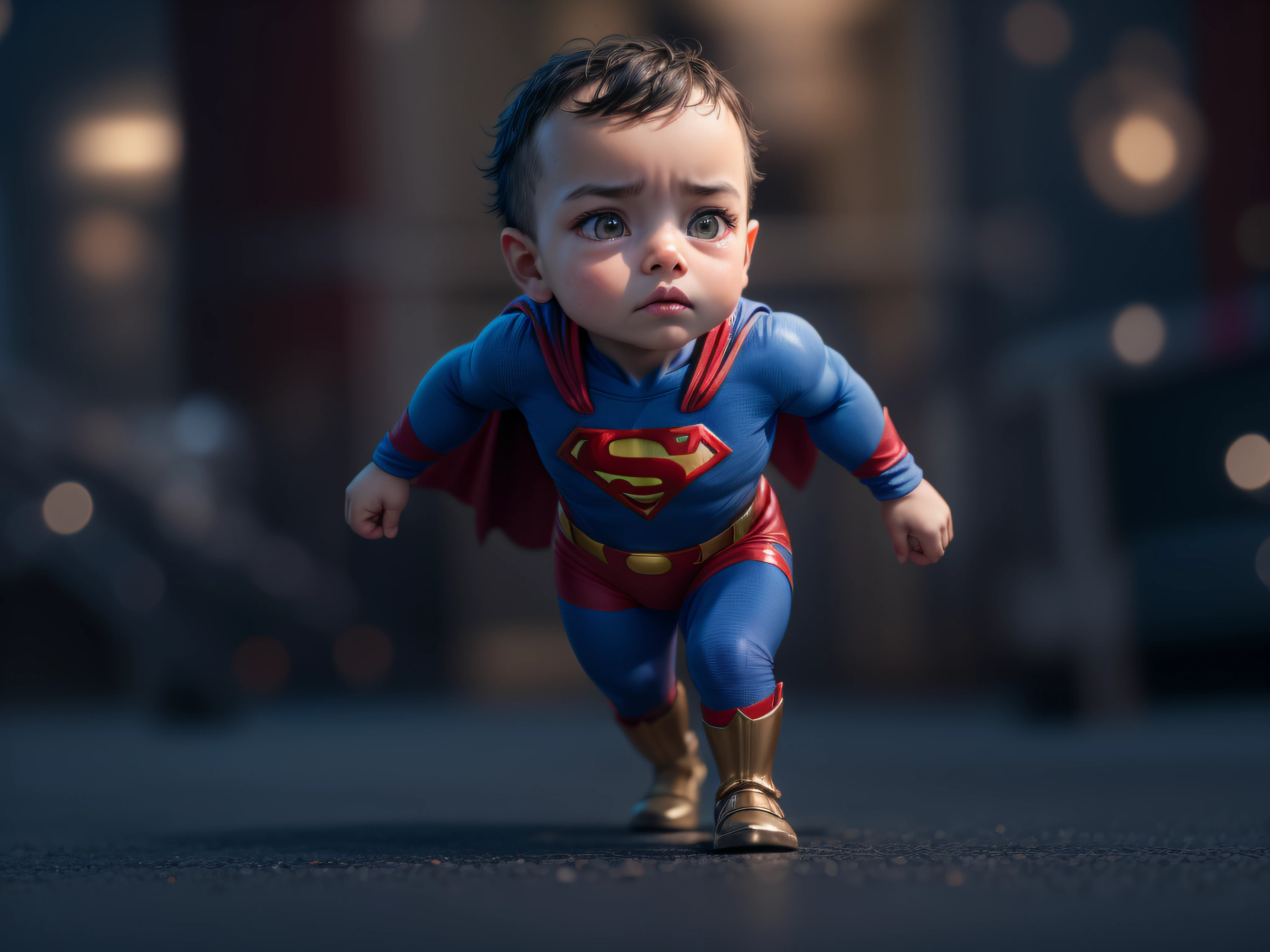 Close a powerful threat, The imposing appearance of the powerful -shaped Superman dressed in beige uniform, azul-marinho e bronze em uma manjedoura, menacing stare, ricamente detalhado, Hiper realista, 3D-rendering, obra-prima, NVIDIA, RTX, ray-traced, Bokeh, Night sky with a huge and beautiful full moon, estrelas brilhando, 8k,
