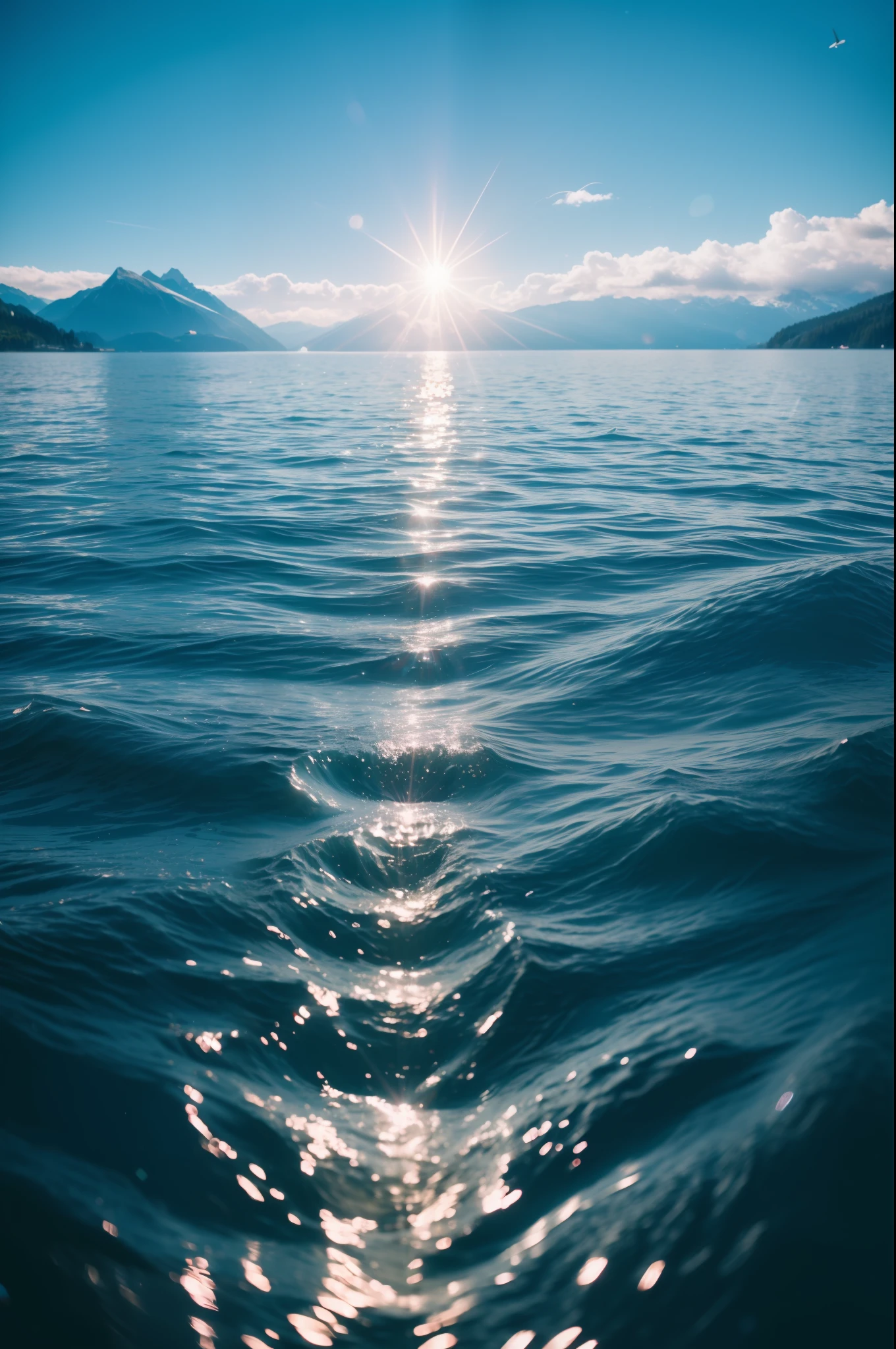 Switzerland, Beautiful water surface, sony a7, film gain, Cinematic lighting, Photorealistic, one-point perspective, 32K, diffuse reflection, colorful shiny particles, Lens Flare, Soft lighting
