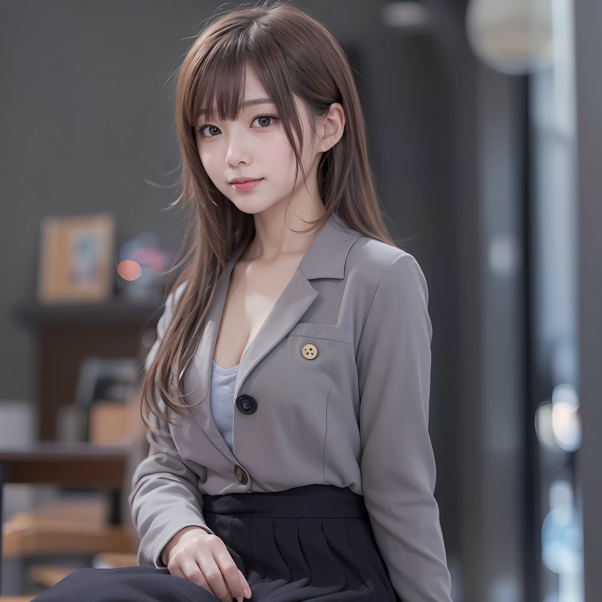 (8K、top-quality、masterpiece:1.2)、(reallistic、Photorealsitic:1.2)、cute little、独奏、Beautiful Definition Sky、natta、Wet、watching at viewers、(Sit up:1.5)、date、mirai、
(nose blush)、(a smile:1.15)、(With mouth closed) tiny chest、Fine and beautiful eyes、)、(dark blonde hair:1)、(short-hair:1.1)、Floating Hair NovaFrog Style、
grey blazer、Button T-shirt、Black miniskirt、makeups、(8k、RAW Photography:1.2)、cleavage of the breast、top-quality