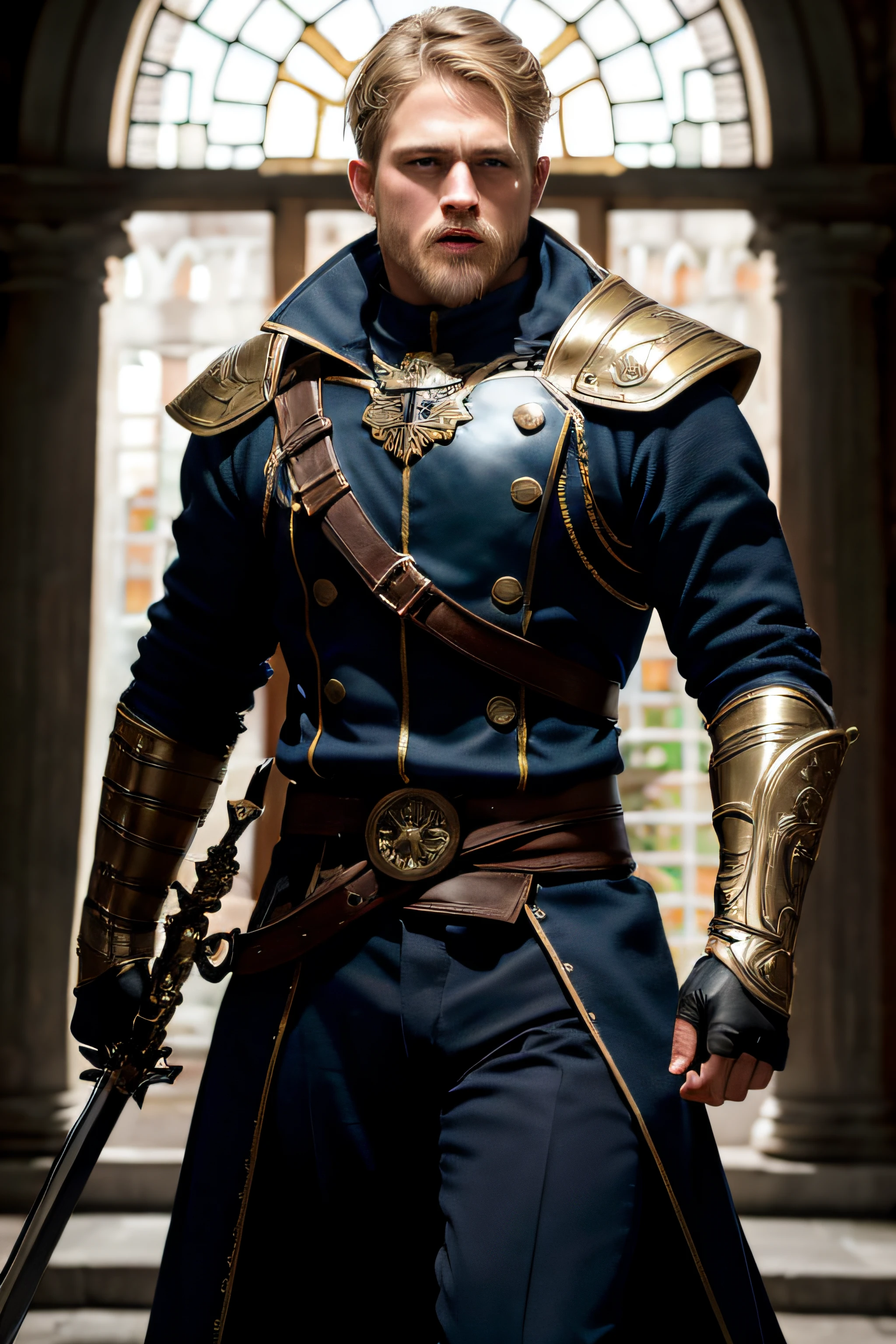 Personagem, Rei Arthur, charlie hunnam, roupas do filme, lenda da espada, realisticamente, segurando espada, dynamic lights, filmagem completa, (papel de parede 8k extremamente detalhado da unidade CG), trending on ArtStation, trend at CGSociety, alto detalhe, foco nítido, dramatic, fotorrealista, cavanhaque, em um castelo, foto de busto