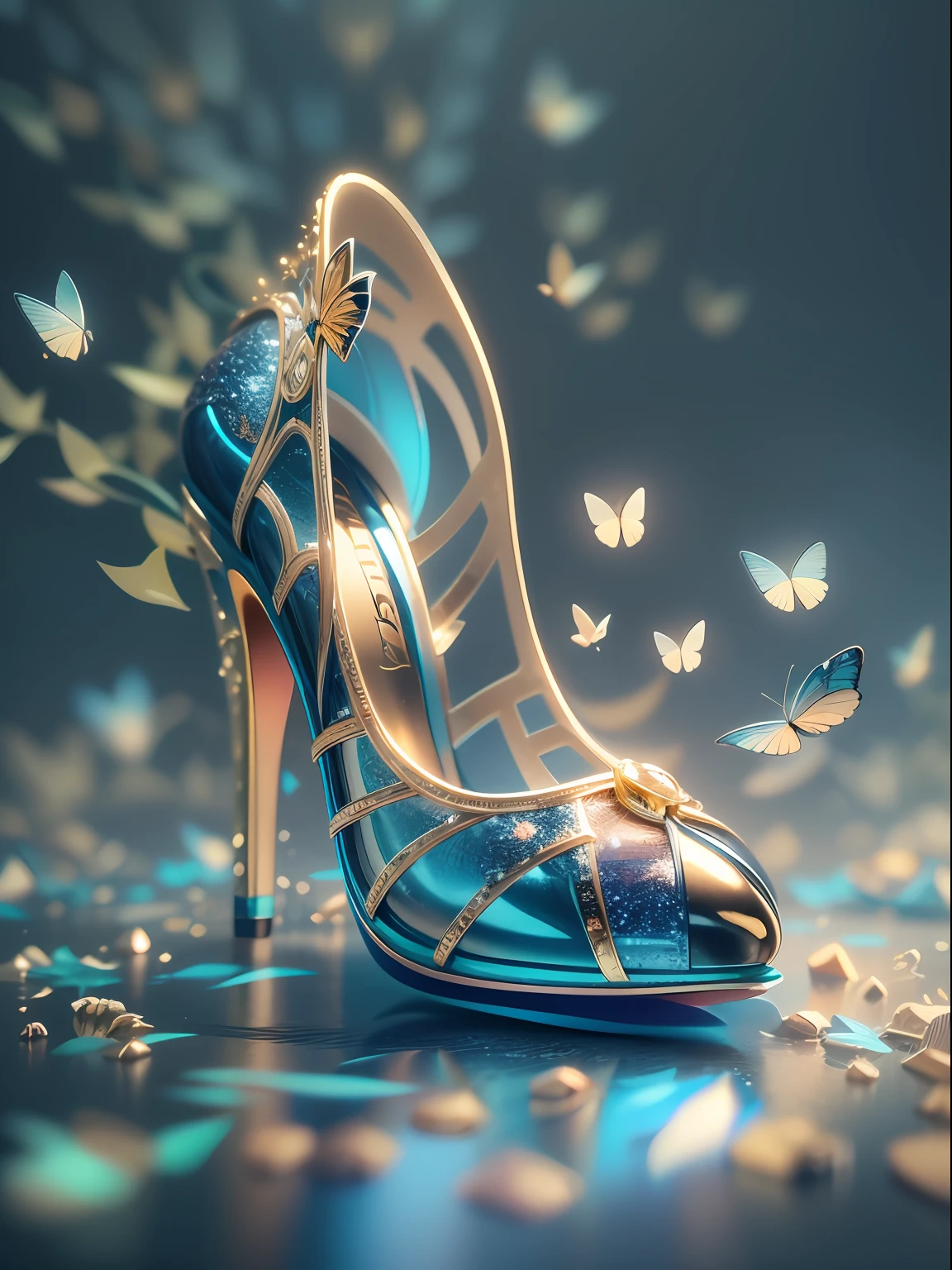 A pair of crystal high heels emanated（（（Blue-gold particle effects：1.3）））,Complicated details，diamond，Sparkling， fanciful, Noble and elegant，streamline，Layered，（（（Do not distort and deform：1.3）））， Gorgeous and colorful, butterflys，florals，Amazing photography, dramatic  lighting, photo-realism, super-fine,Ultra photo realsisim，8k, depth of fields, A high resolution，The toe of the shoe faces the camera，（The overall silhouette is centered：1.3），3D,C4D,octaneratingrendering，super high image quality