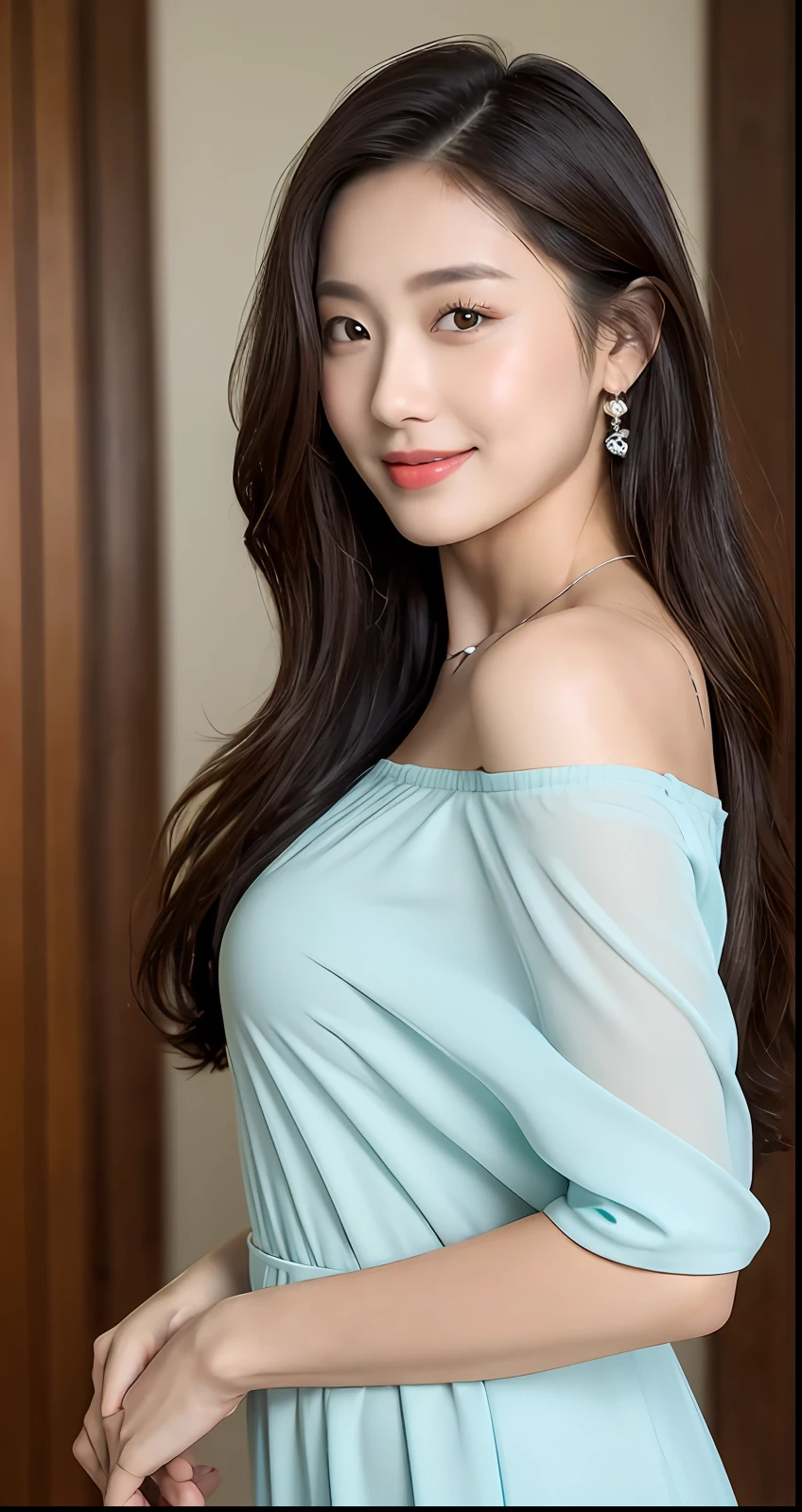 ((Best Quality, 8k, Masterpiece:1.3)), Focus:1.2, Perfect Body Beauty:1.4, Buttocks:1.2, ((Delicate Long Hair)), (Wet Clothes:1.1) , (Ship, Sea: 1.3), Fine bandeau dress:1.1, Highly detailed face and skin texture, Fine eyes, Double eyelids, whitening skin, smile, wearing necklace,