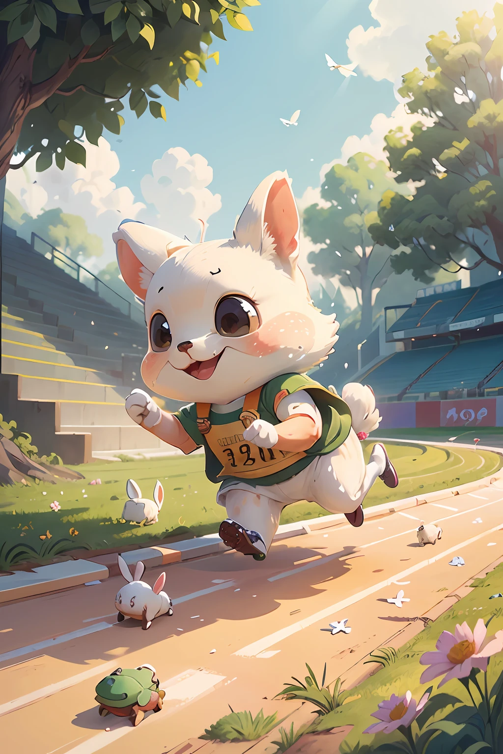 Little white rabbit chases crawling  turtle，Due to overwork, The little white rabbit's sweat splattered everywhere，The little turtle showed a relaxed and cheerful expression，Little white dog jumping up，Jumping little flower cat，（The vista is a lot of running all kinds of small animals），A portrayal of the Olympic Games，The referee waved a small red flag，butterflies flying，Birds fly，((The magnificent Far Motion Stadium))，((Track and field track))，The sun shone in intermittently，（tmasterpiece），Extremely detailed picture details，The picture is clearly layered，ultra HD picture quality，（8k wallpaper），（CG），(Fairy tale style), Inspired by:Chinese Children's Stories《Tortoise and rabbit race》