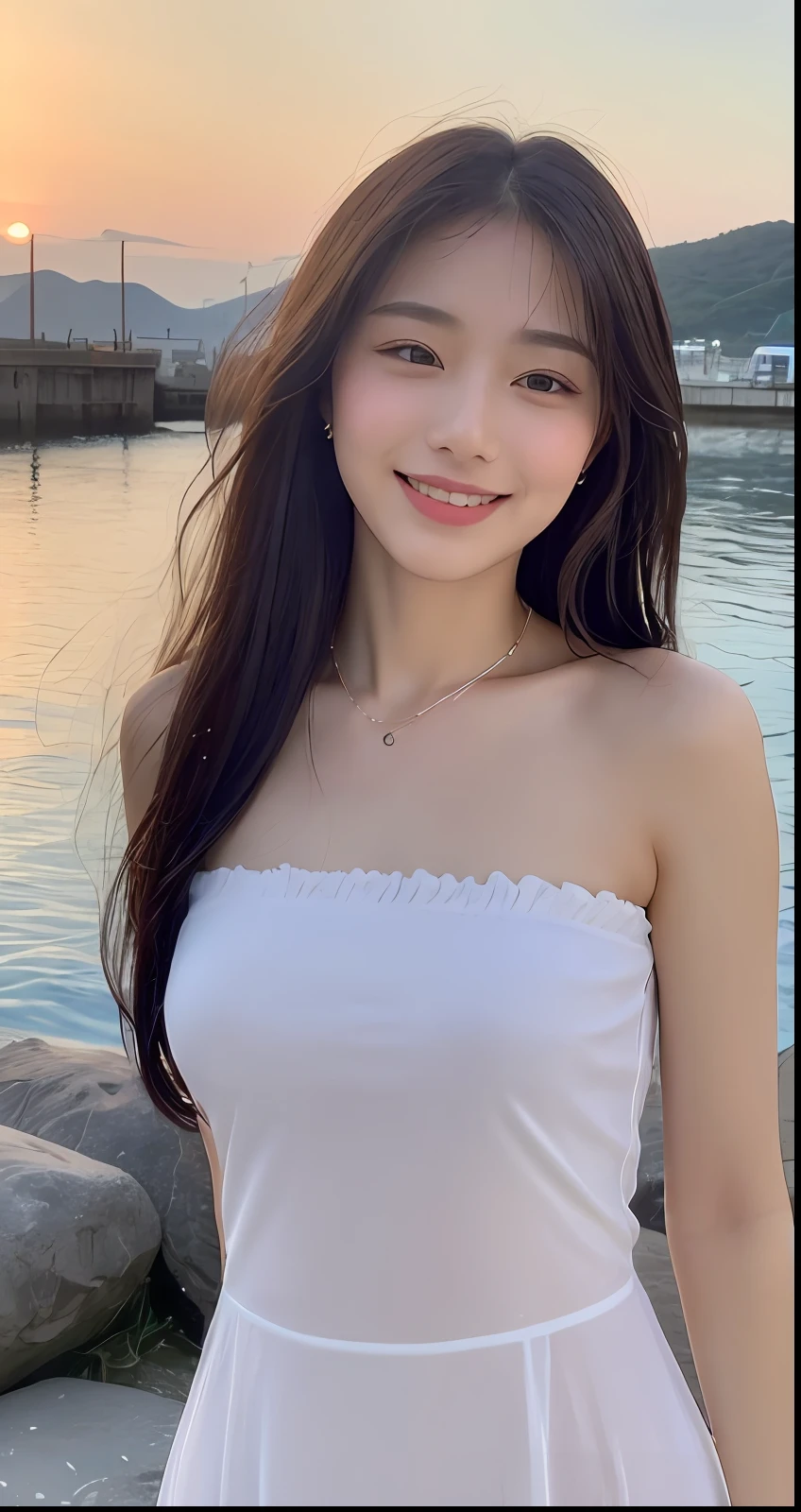 ((Best Quality, 8k, Masterpiece:1.3)), Focus:1.2, Perfect Body Beauty:1.4, Buttocks:1.2, ((Delicate Long Hair)), (Wet Clothes:1.1) , (Ship, Sea: 1.3), Fine bandeau dress:1.1, Highly detailed face and skin texture, Fine eyes, Double eyelids, whitening skin, smile, wearing necklace,
