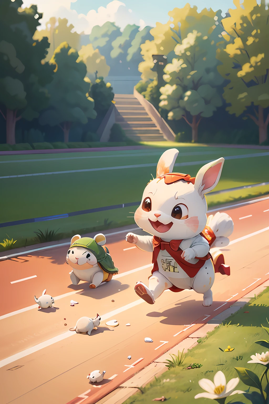 Little white rabbit chases crawling turtle,Due to overwork, The little white rabbit's sweat splattered everywhere,The little turtle showed a relaxed and cheerful expression,Little white dog jumping up,Jumping little flower cat,(The vista is a lot of running all kinds of small animals),A portrayal of the Olympic Games,The referee waved a small red flag,butterflies flying,Birds fly,((The magnificent Far Motion Stadium)),((Track and field track)),The sun shone in intermittently,(tmasterpiece),Extremely detailed picture details,The picture is clearly layered,ultra HD picture quality,(8k wallpaper),(CG),(Fairy tale style), Inspired by:Chinese Children's Stories《Tortoise and rabbit race》