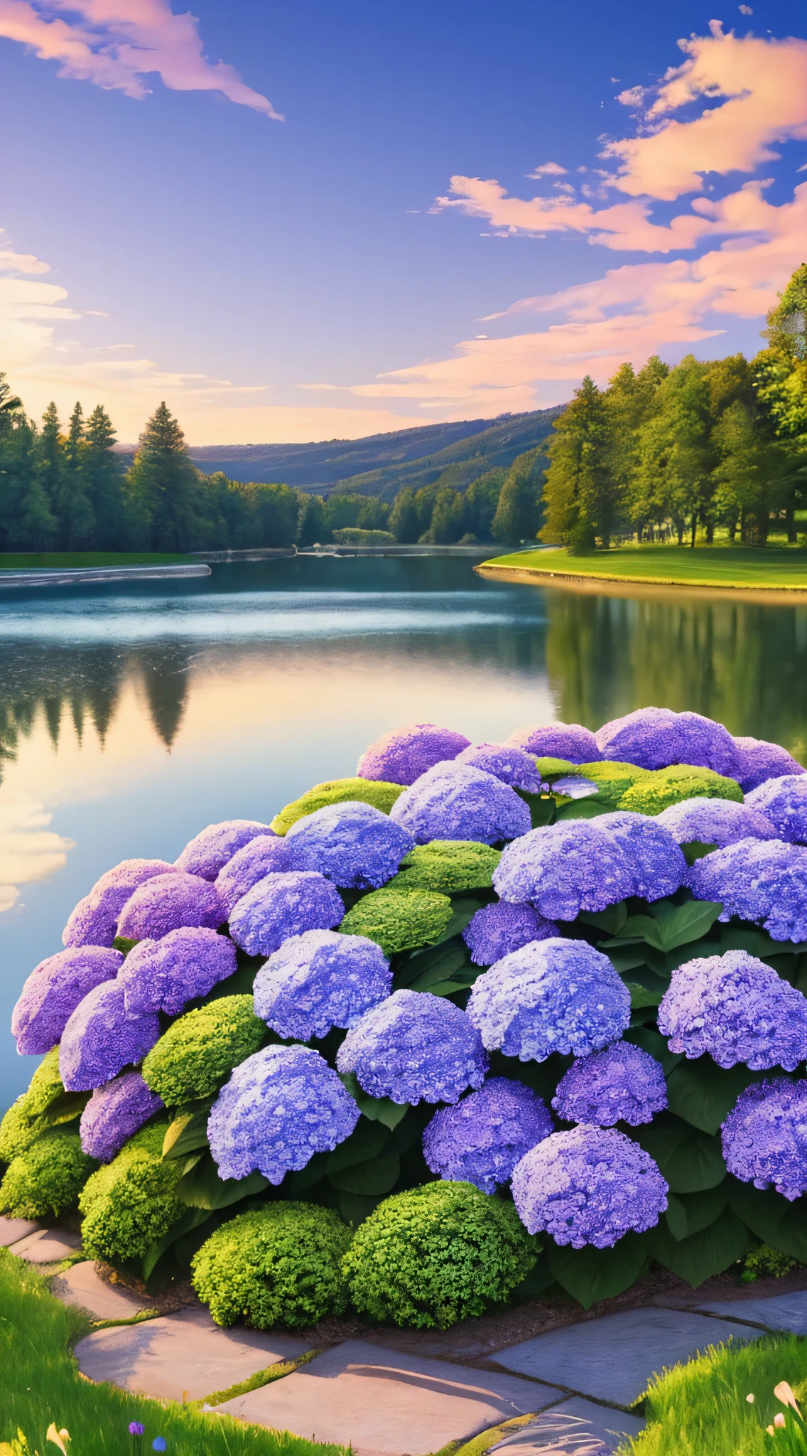 Hydrangeas, park, lake, small hill, pebble path, masterpiece, best quality, anatomically correct, high details, 8K, wallpaper
