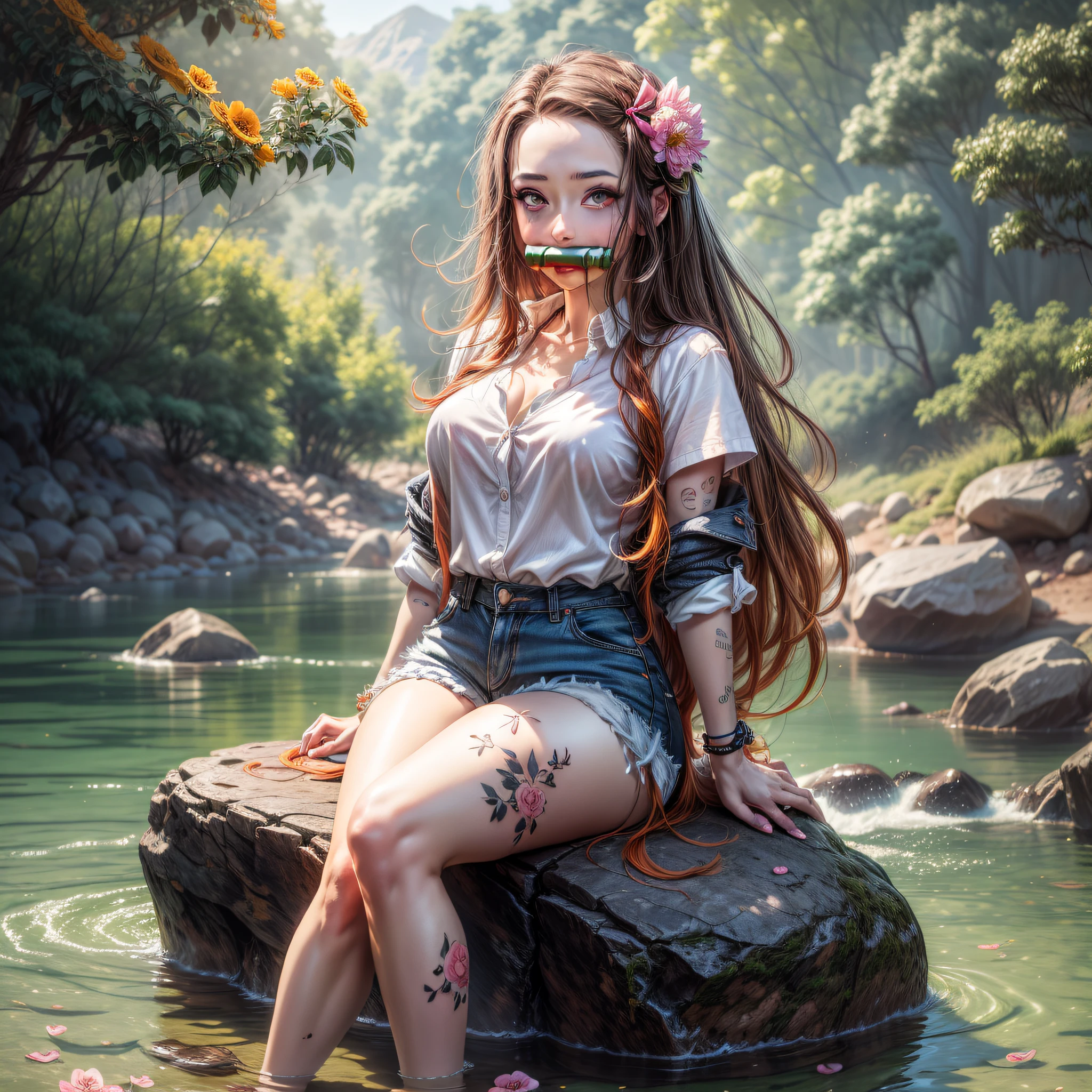 ((masterpiece):1.3),((best quality):1,3), CG, anime, ((kamado nezuko)), ((full body)), (1girl, medium breasts, white shirt and denim shorts, bamboo, gag, brown hair, big gag, gagged, gradient hair, hair ribbon, long hair, looking at viewer, multicolored hair, orange hair, ((pink eyes)),branched flower tattoo on leg, sitting on a rock by a river