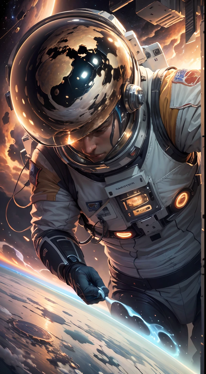 ((Masterpiece)), (Best Quality)), 8K, high detail, hyper-detail, the painting depicts a scene of breathtaking magnificent spatial images. The picture shows a man wearing a spacesuit, facing back, looking at a red glowing planet in space. The scenes are extremely detailed and the clarity is extraordinary, capturing every intricate detail of the panorama.