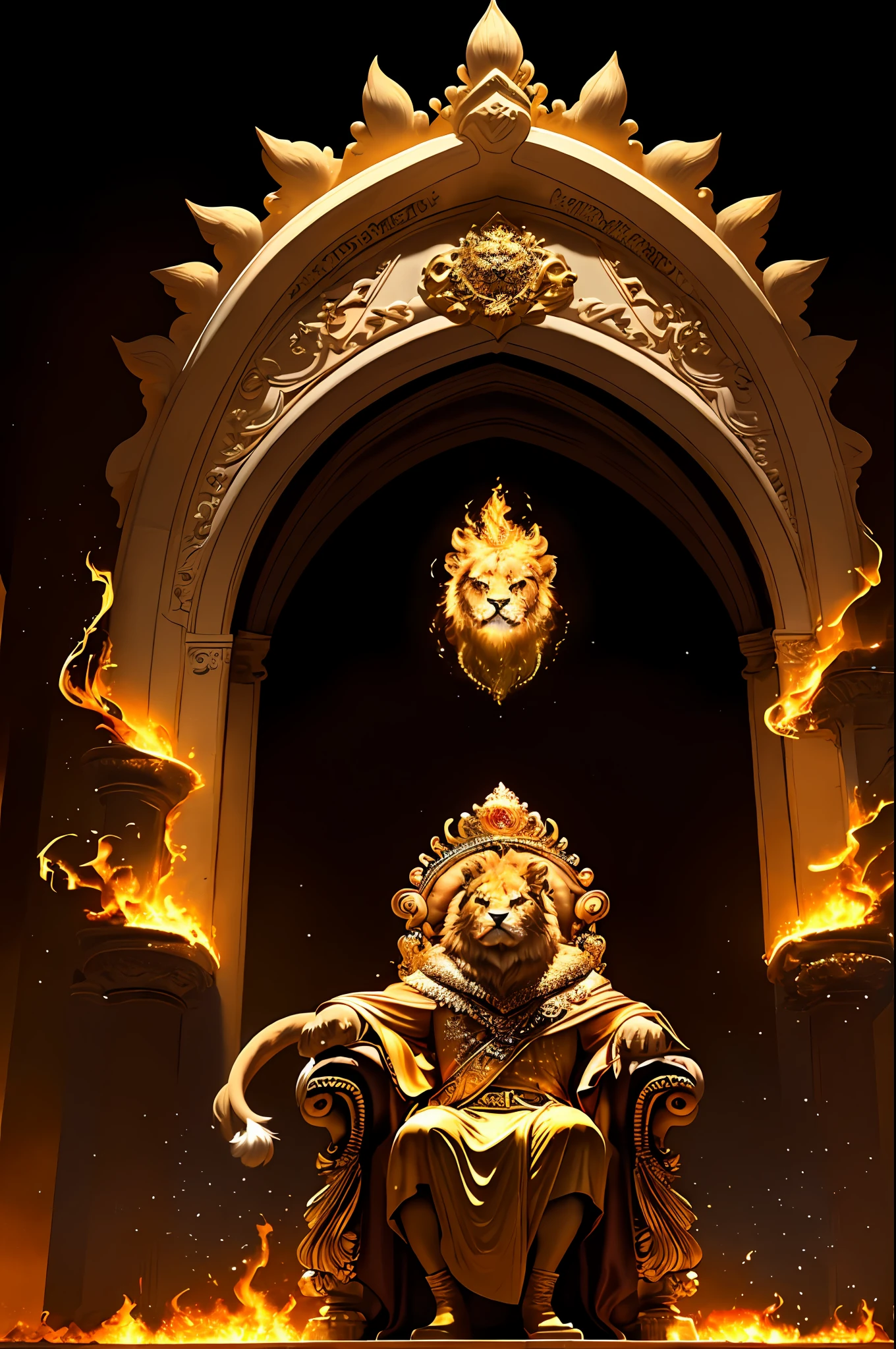An royale King Lion full boby, background galaxy, magic 3D, full resolution style RTX with flaming eyes sitting on a throne, captured through Photography with a 35mm lens. Inspired by the artistry of National Geographic photographers, the scene portrays the majestic lion, regal and powerful. The color temperature is warm, with golden hues highlighting the lion's magnificence. The lion's eyes burn with intense flames, emanating a sense of authority and dominance. The lighting casts dramatic shadows, creating a captivating atmosphere, symmetrical, full boby, big angle, rtx, bobybuilder