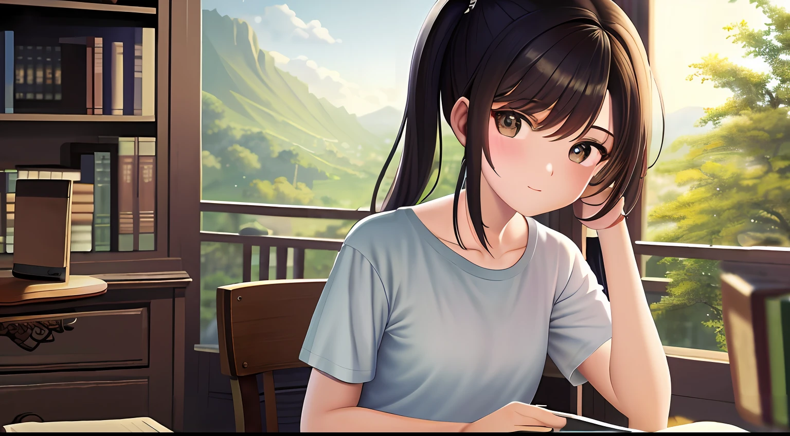 ((​masterpiece)), top-quality, hight resolution, 1 Women, Loose T-shirt、Girl sitting on a chair in the library and studying、Charming atmosphere、18year old、Scenery of the entire area、poneyTail