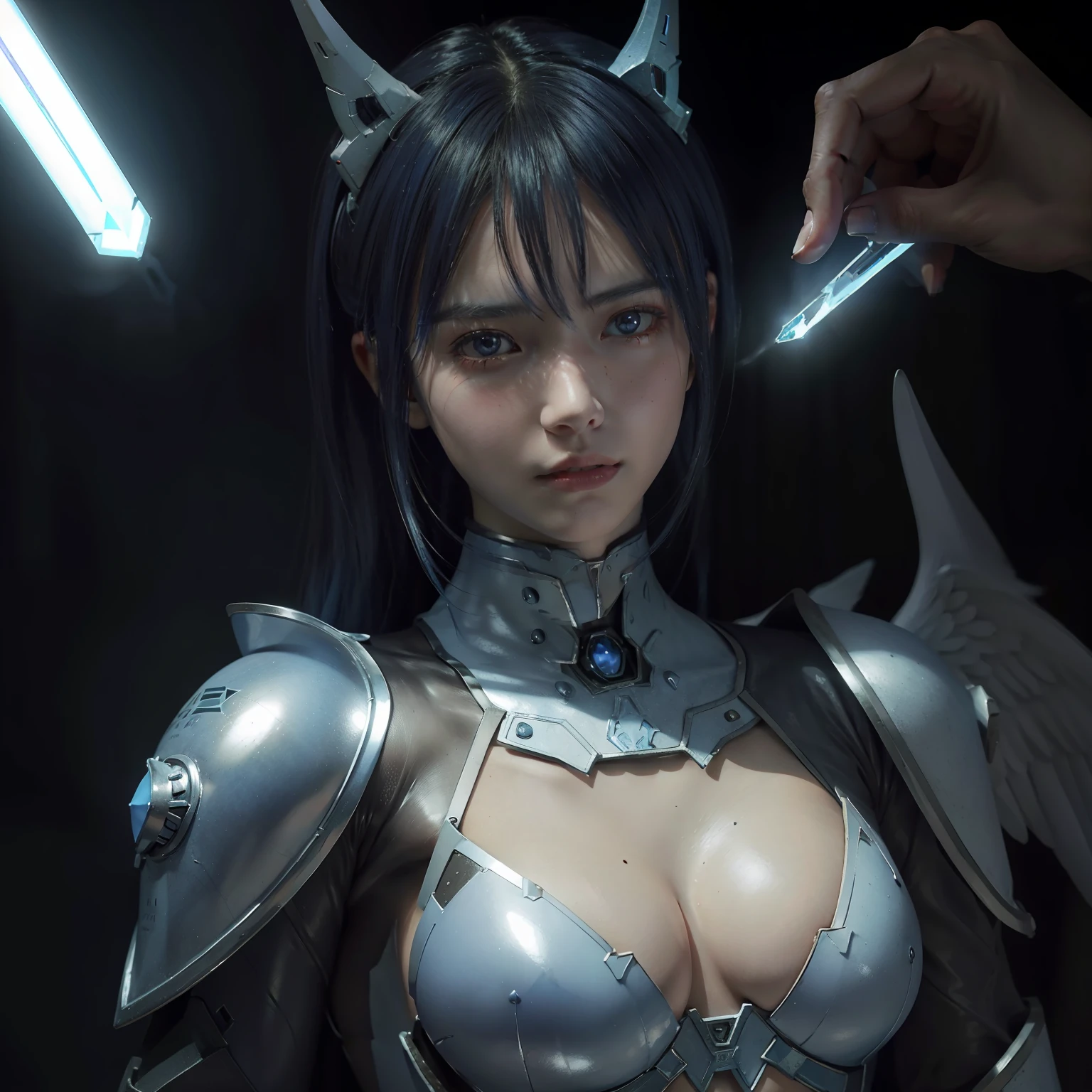 对称！Close up portrait of demon angel model girl，Stylish robot armor，A sparkling blue-blue gemstone is set on the chest，Strong studio lighting，Gerard Brom, Mikhail Vrubel, Peter Elson, hight contrast, pastelcolor, extremy detailed, mirrors, ArtStation Trends, 8 k