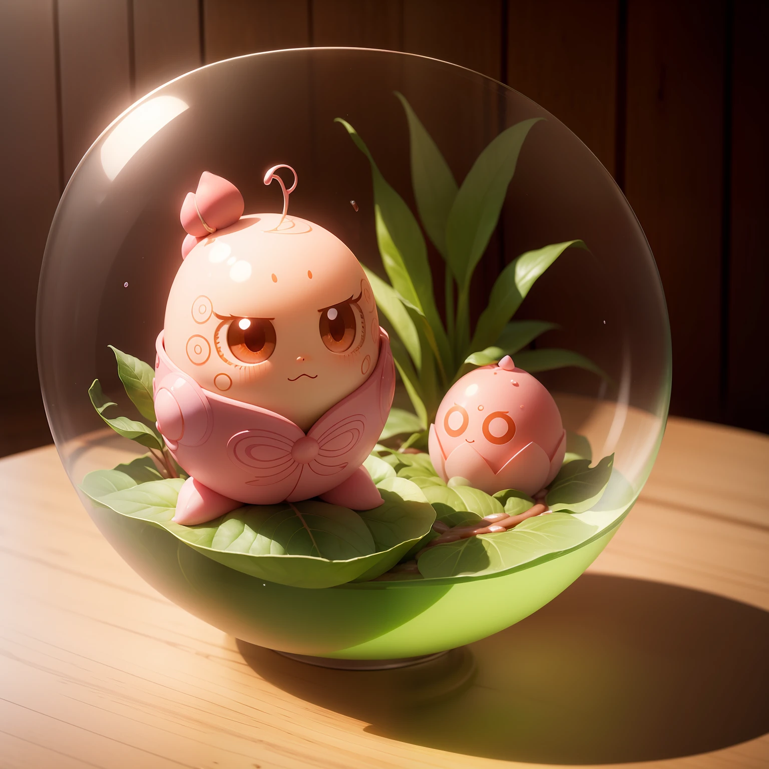 masterpiece,A hyper-realistic,There is a peach-shaped yokai in a transparent capsule,Cute and beautiful,Pink and green formations,Coffee shop table background,There is a silver spoon