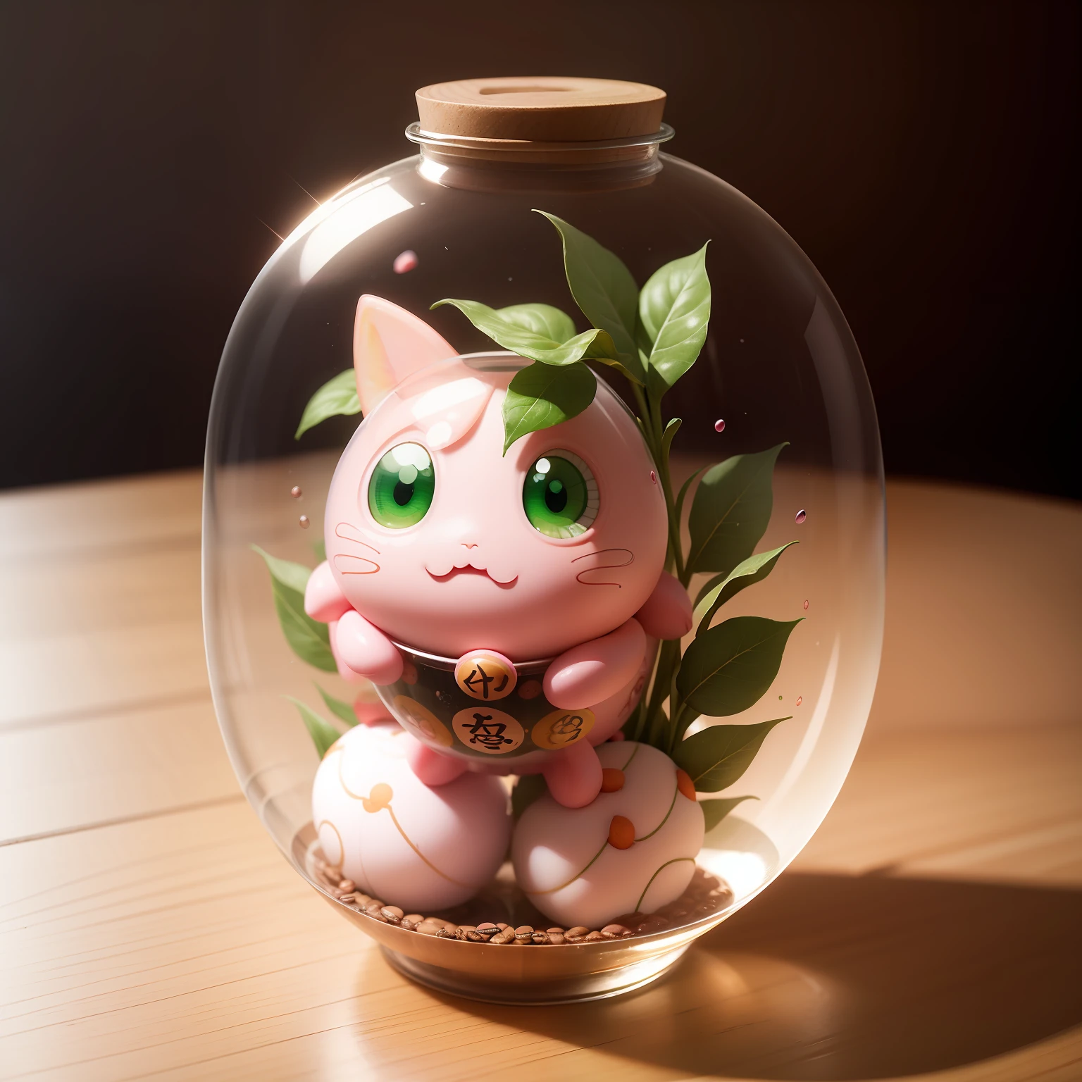 ​masterpiece,A hyper-realistic,There is a peach-shaped yokai in a transparent capsule,Cute and beautiful,Pink and green formations,Coffee shop table background,There is a silver spoon