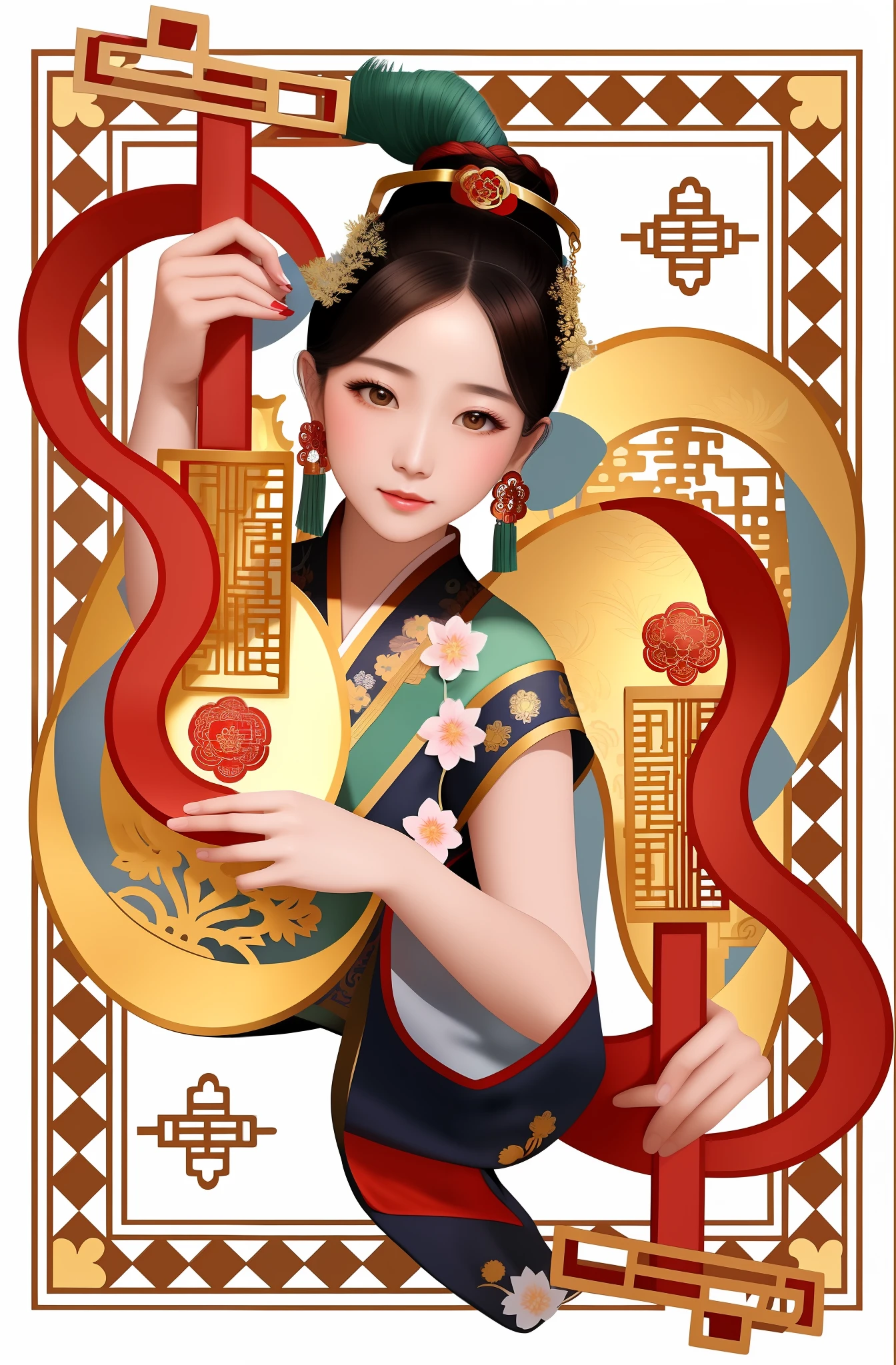 Close-up of a woman holding an instrument, Palace , A girl in Hanfu, A beautiful artwork illustration, ancient chinese beauti, inspired by Wu Bin, Princesa chinesa antiga, Chinese girl, Inspired by Song Maojin, ancient china art style, inspired by Gong Xian, Guviz-style artwork, inspired by Park Hua