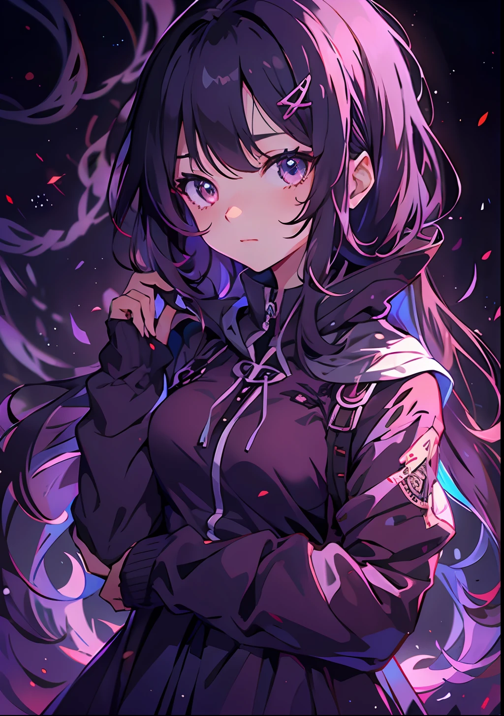 anime girl, with a mysterious aura, set against a captivating dark background