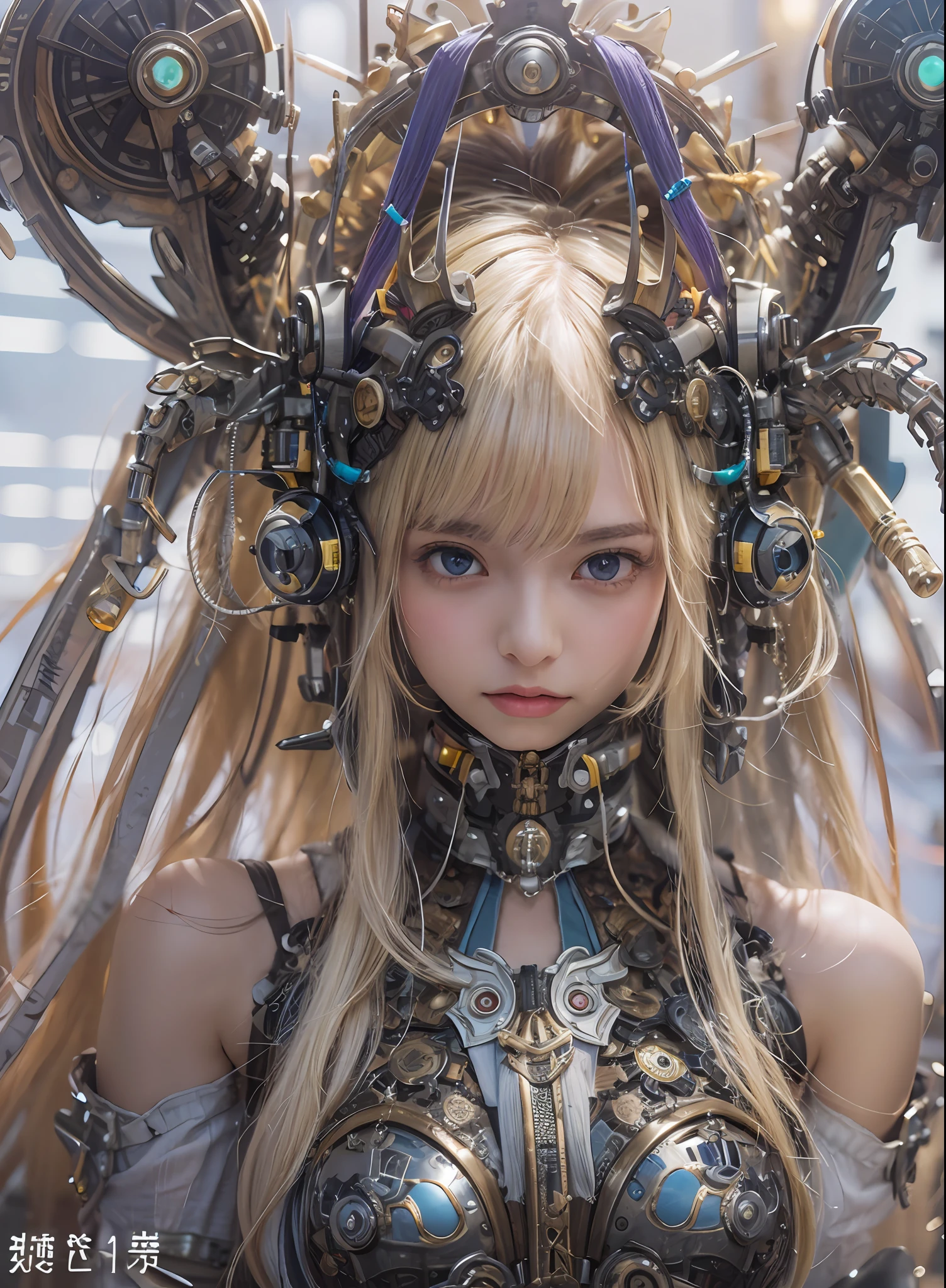 top-quality、​masterpiece、超A high resolution、(Photorealsitic:1.4)、Raw photo、女の子1人、a blond、glowy skin、1. Steampunk Angel Cyborg、large metal wings、((super realistic details))、portlate、globalillumination、Shadow、octan render、8K、ultrasharp、Colossal tits、Raw skin is exposed in cleavage、metals、Details of complex ornaments、Steampunk details、Hydraulic cylinder、highly intricate detail、Realistic light、CGSoation Trends、a purple eye、radiant eyes、Facing the camera、neon details、Mechanical limbs、blood vessels connected to tubes、Mechanical vertebrae attached to the back、mechanical cervical attaching to neck、cowboy  shot、Wires and cables connecting to the head、Sumerian details、Small LED lamp、