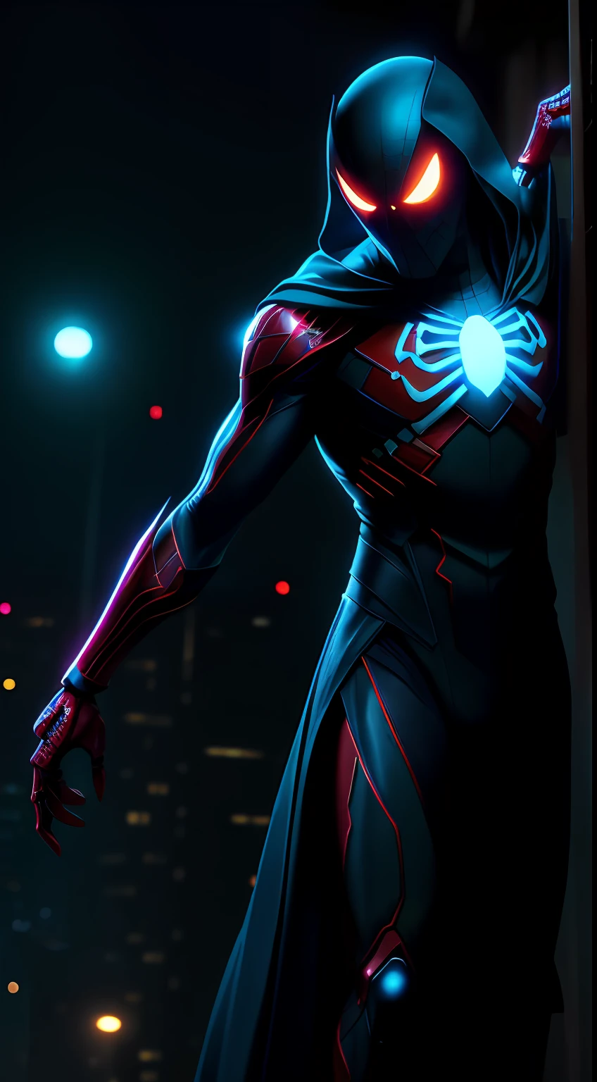 Ghost-Spider из Marvel Comics, Perfect_Hand, (8K, RAW photo, Best Quality, Masterpiece:1.2), (Realistic, photo-realistic:1.4), (Extremely detailed CG unity 8k wallpapers),full - body, (neon lights), McHop, mechanical arms, Hanfu, Chinese Clothing, Dress, pretty face,(Dark shot:1.1), Epic Realistic,