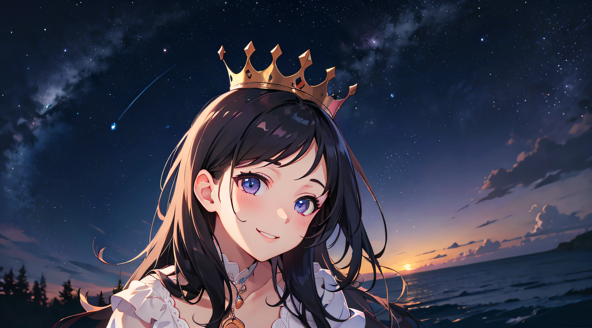 best quality, high_resolution, distinct_image, detailed background ,girl, random wear,flower, night sky,dutch angle, wide shot,shy smile, crown,