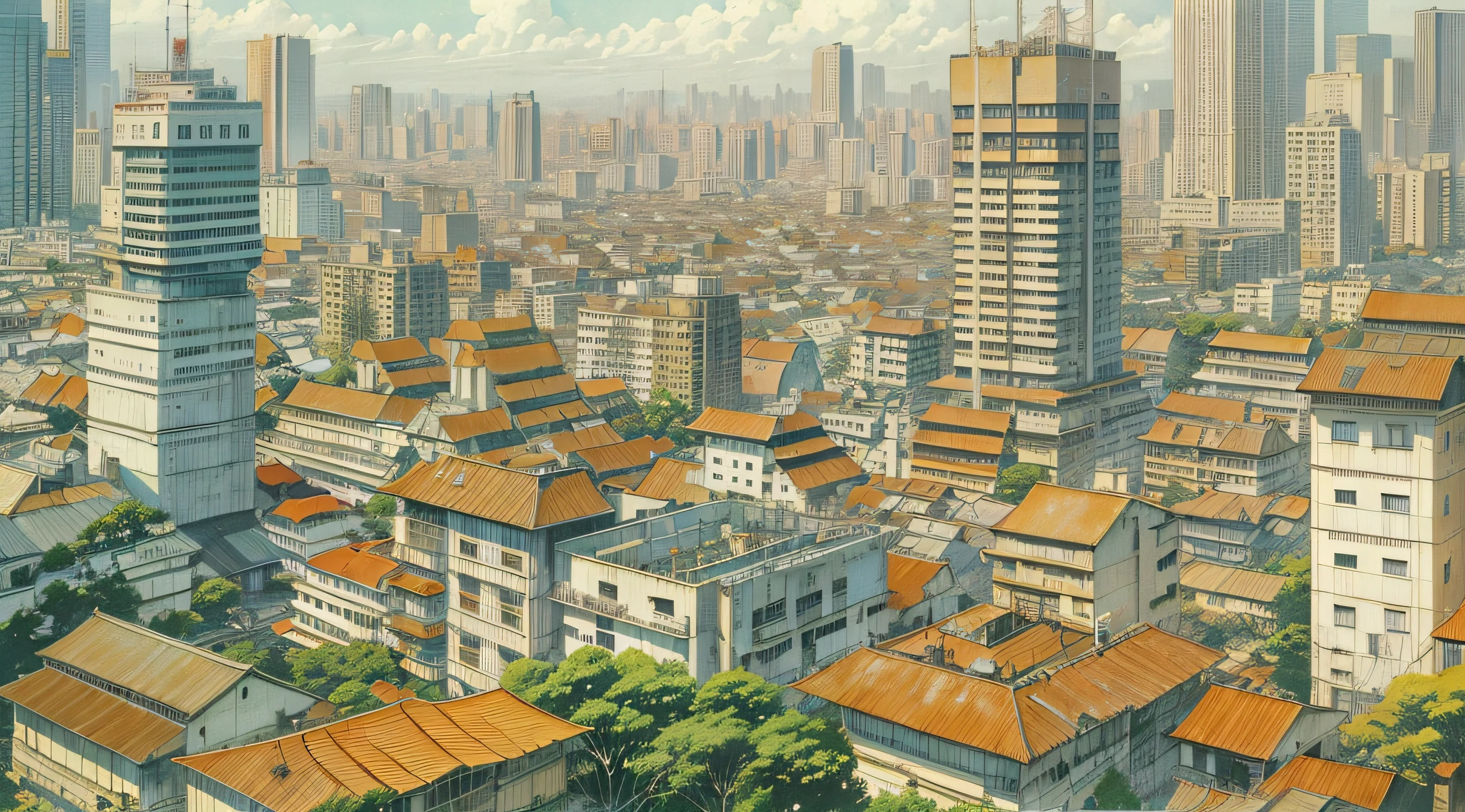 Best image quality, ultra high resolution, best illustration,masterpiece, high quality, (Takehiko Inoue), Takehiko Inoue art style, jakarta, year 2005 city, urban, indonesia, city background, background