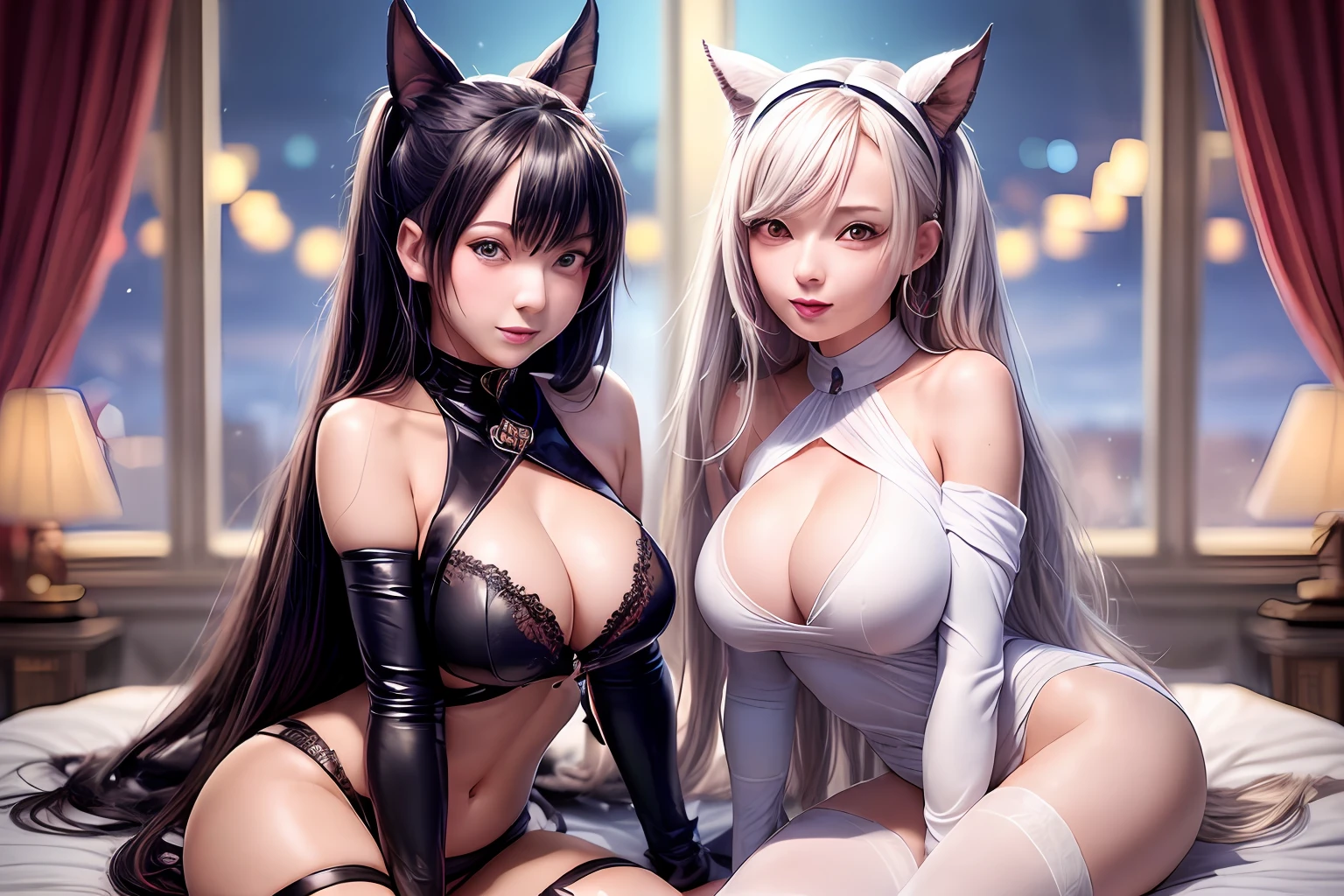 ((((2 girls)))) anime - style girls in sexy lingersuits sitting on a bed, azur lane style, anime girls, characters from azur lane, two beautiful anime girls, from the azur lane videogame, wlop and sakimichan, anime moe artstyle, artgerm and genzoman, range murata and artgerm, ecchi anime style