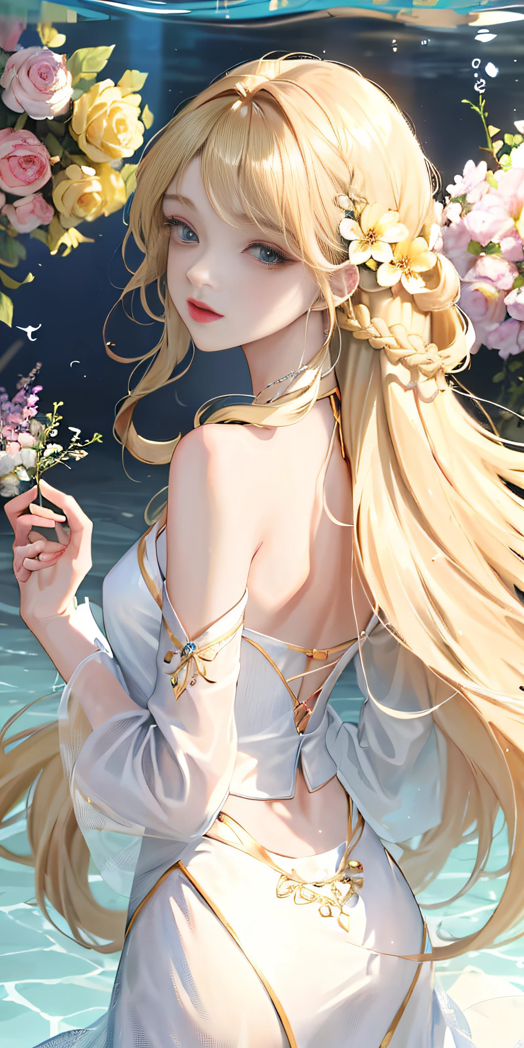 (absurdres, highres, ultra detailed), 1girl, solo, mature, (long blonde hair), fanasy, long sleeve, elegant, holy, colorful, highest detailed, underwater, floating hair, flower, looking back, upper body