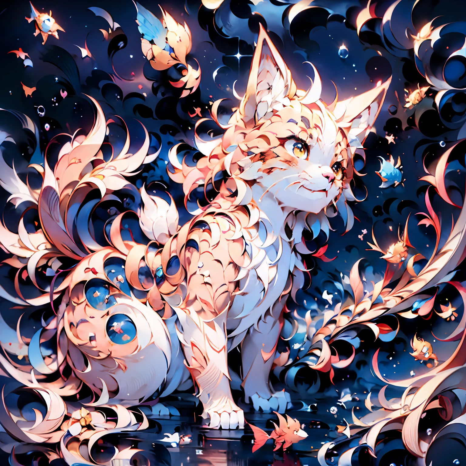 anime cat， Cute cat of anime visual， Realistic anime cats，Anime art wallpaper 4 K， Anime art wallpaper 4k， Very very beautiful furry art MG hair，Beautiful visuals，k hd，tmasterpiece，without humans，The fish，Animal focus，sbeard，Buble，Eau，gold fish，Yellow eyes，airbubble，Under the water，k hd，