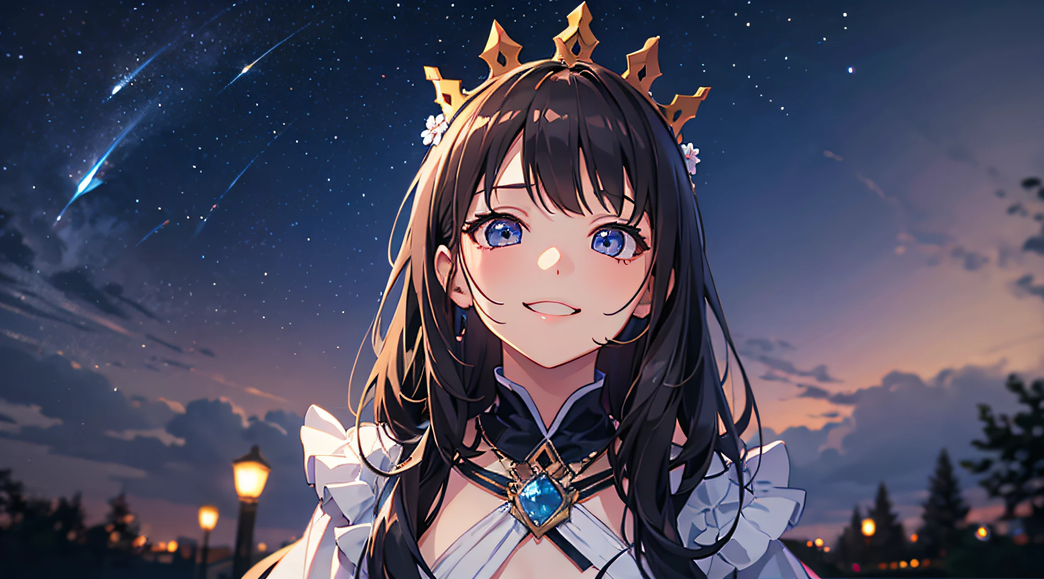 best quality, high_resolution, distinct_image, detailed background ,girl, random wear,flower, night sky,dutch angle, wide shot,shy smile, crown,
