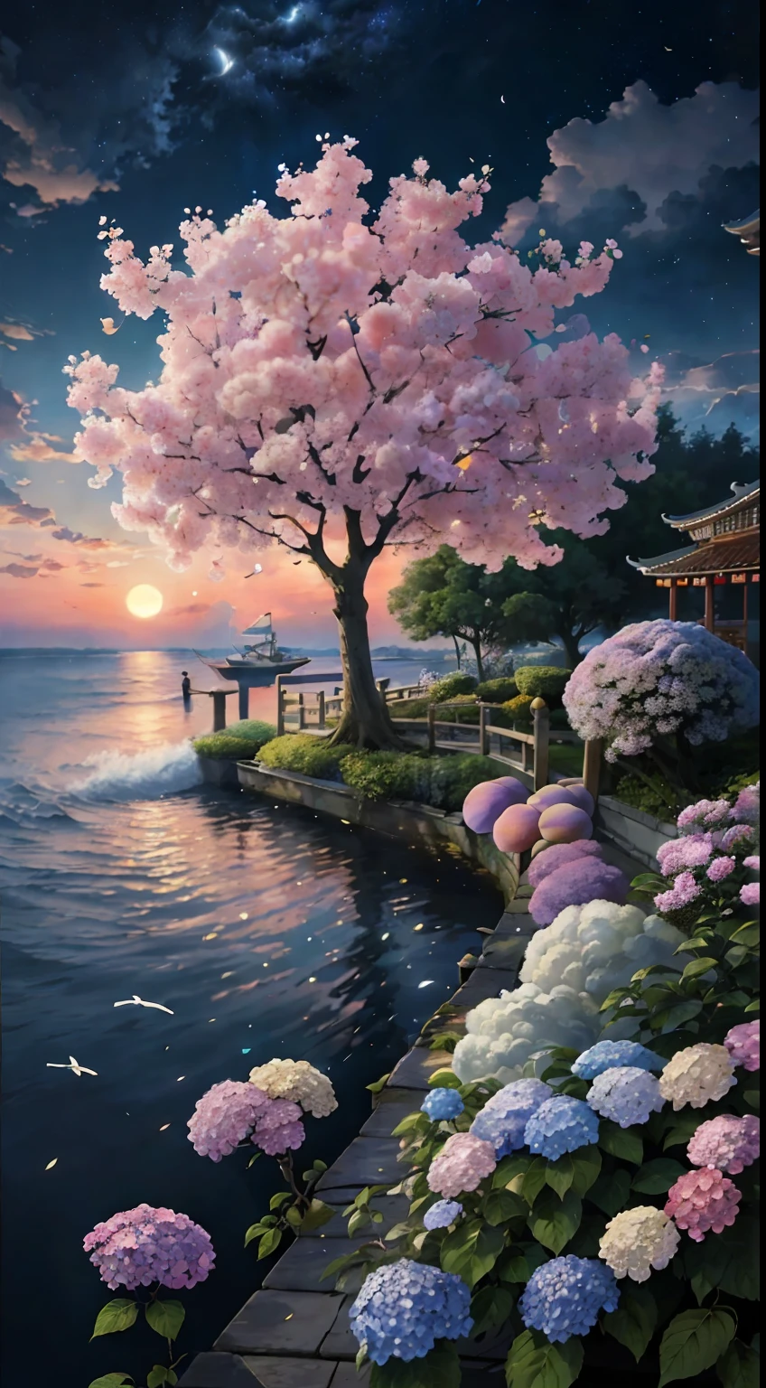 paint (strokes)+, atmosphere, intricate, clouds, aspect ratio 1:1, raytracing, Bokeh, smooth, (colorful), (detailed complex busy background: 0.8), hydrangea, repair drones, (night:1.4), Sharp Eyeliner, intricate details, hand on Chinese sword, beautiful, flat illustration, scenery, detail love, (ultra-detailed), day, photon mapping, ((intricate details)), ship wake, (The Peach Tree), crowd,