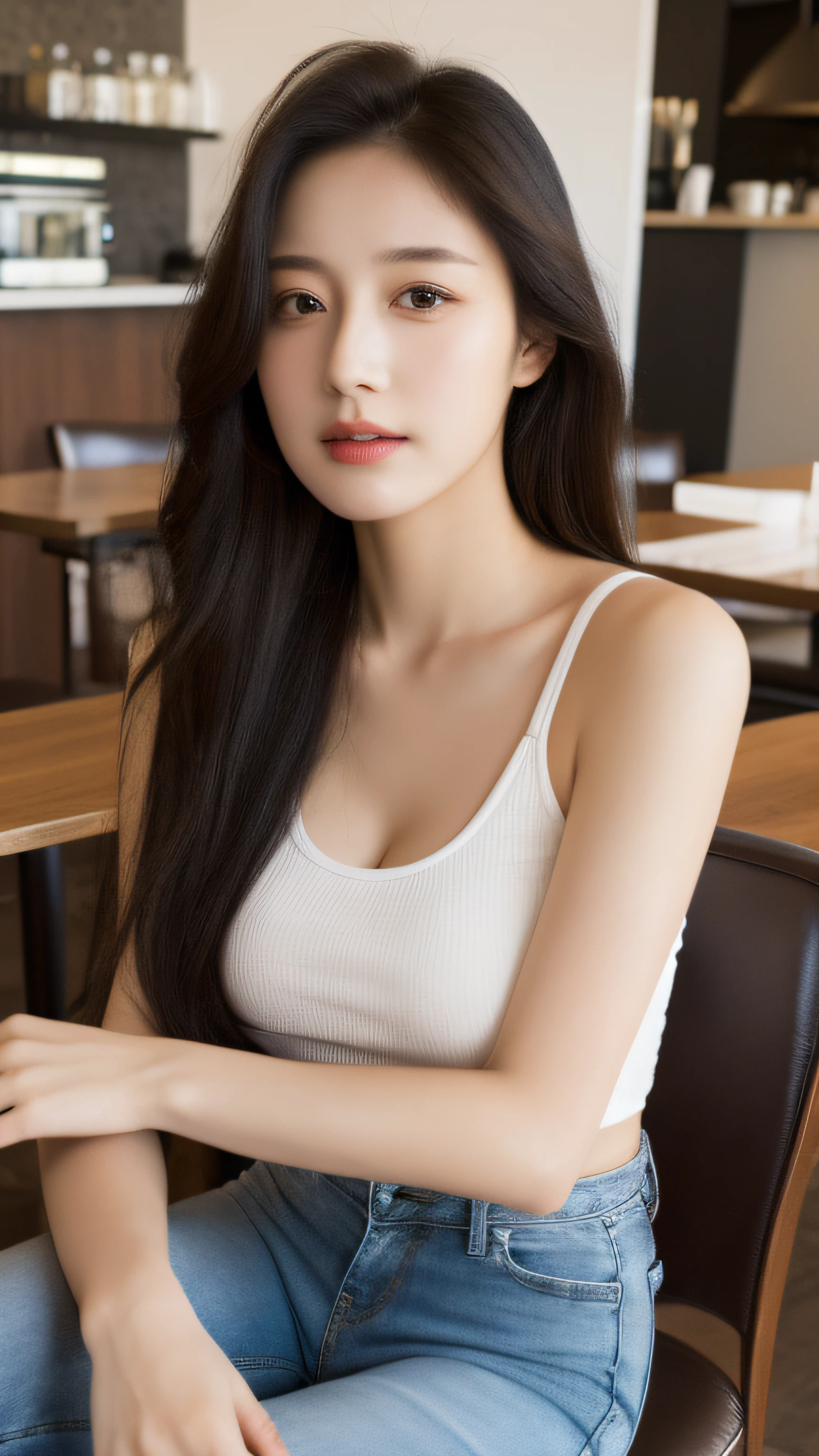 (Realistic, High resolution:1.2), 1 girl, super fine face and eyes, long hair, tight black tank top with black jacket, short jeans, sitting on coffee chair, in café, coffee on table, big breasts