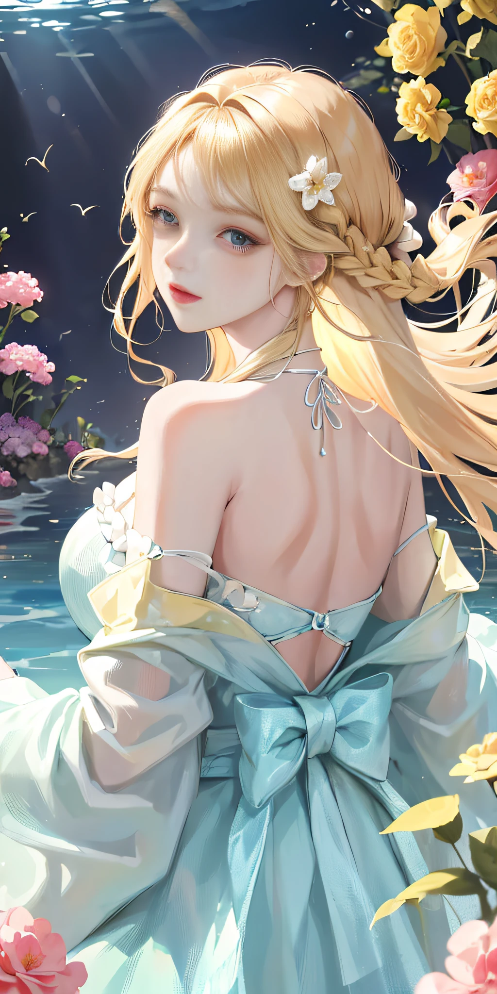 (absurdres, highres, ultra detailed), 1girl, solo, mature, (long blonde hair), fanasy, long sleeve, elegant, holy, colorful, highest detailed, underwater, floating hair, flower, looking back, upper body
