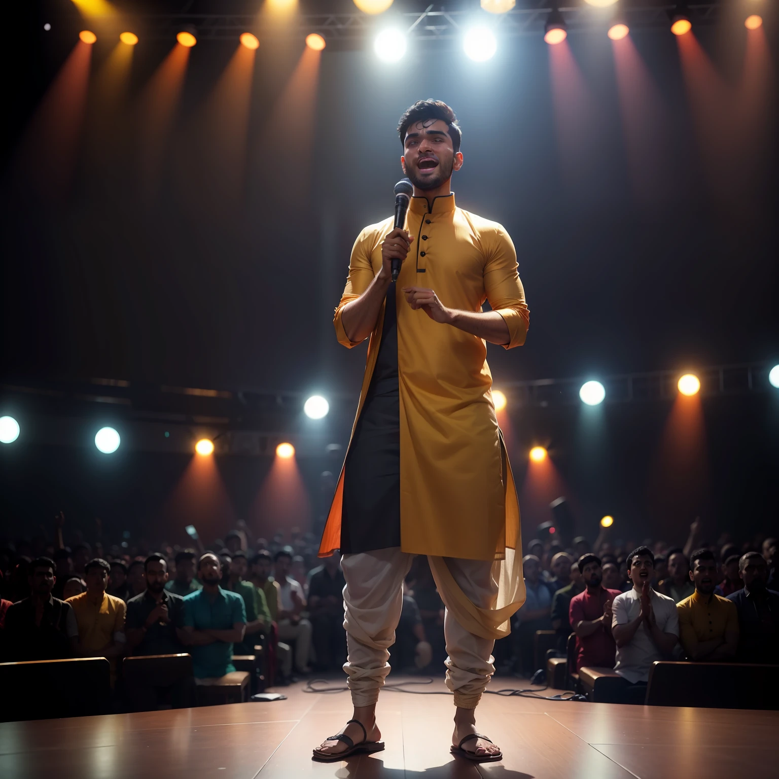 25 year old man standing on stage in a bar wearing kurta and lungi, Indian, crowd laughing, doing stand up comedy, laughing, microphone, (((crowd cheering))), spotlight, people laughing, full shot, wide shot, 8k render, volumetric lighting, cinematic, hyper realistic photo, warm lighting, crowd clapping