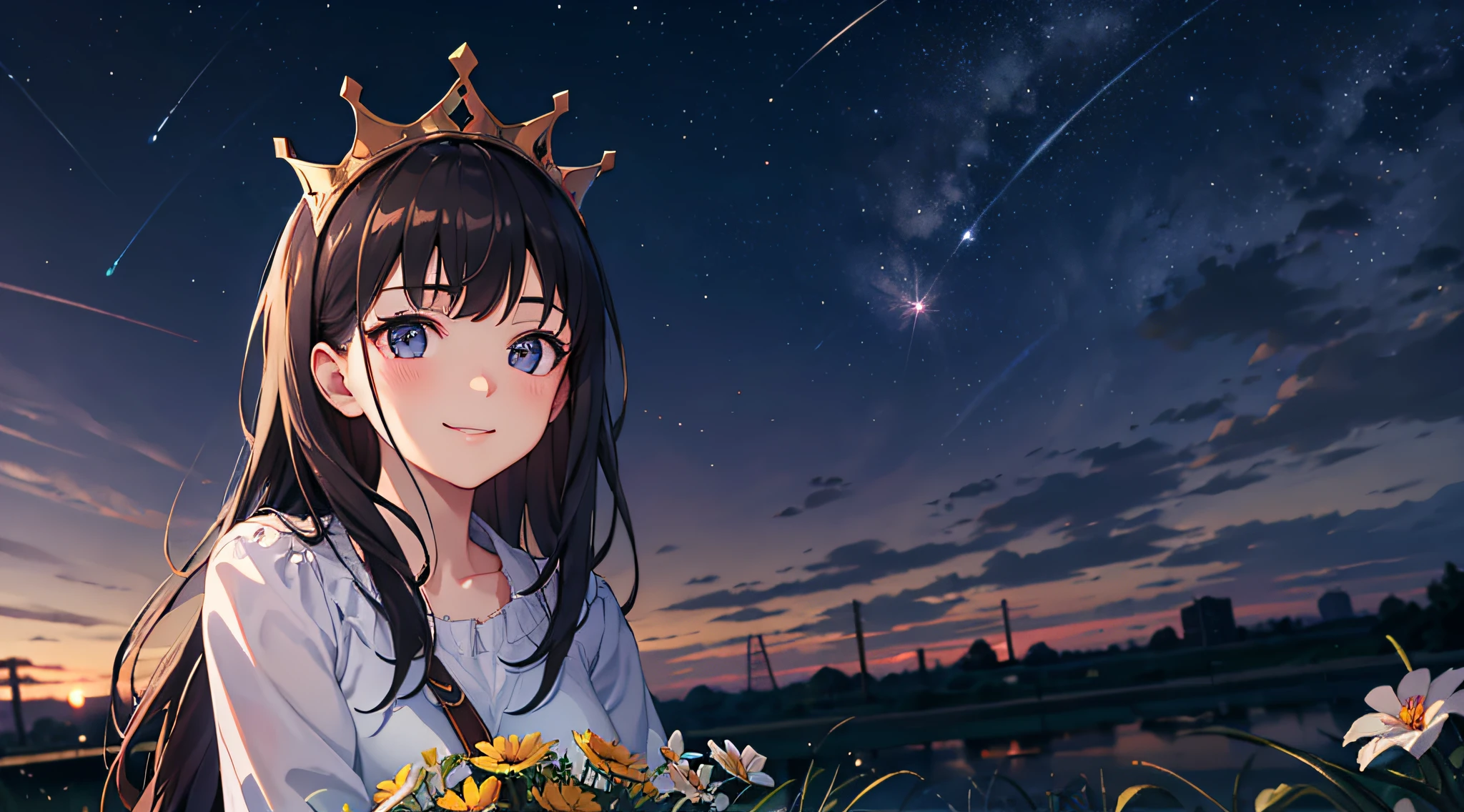 best quality, high_resolution, distinct_image, detailed background ,girl, random wear,flower, night sky,dutch angle, wide shot,shy smile, crown,
