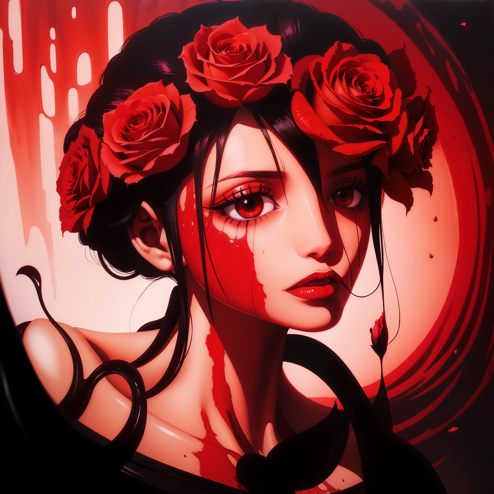 flor de sangue, rosa sangrenta, surreal, Detailed oil painting, vivid bloom, poetic death