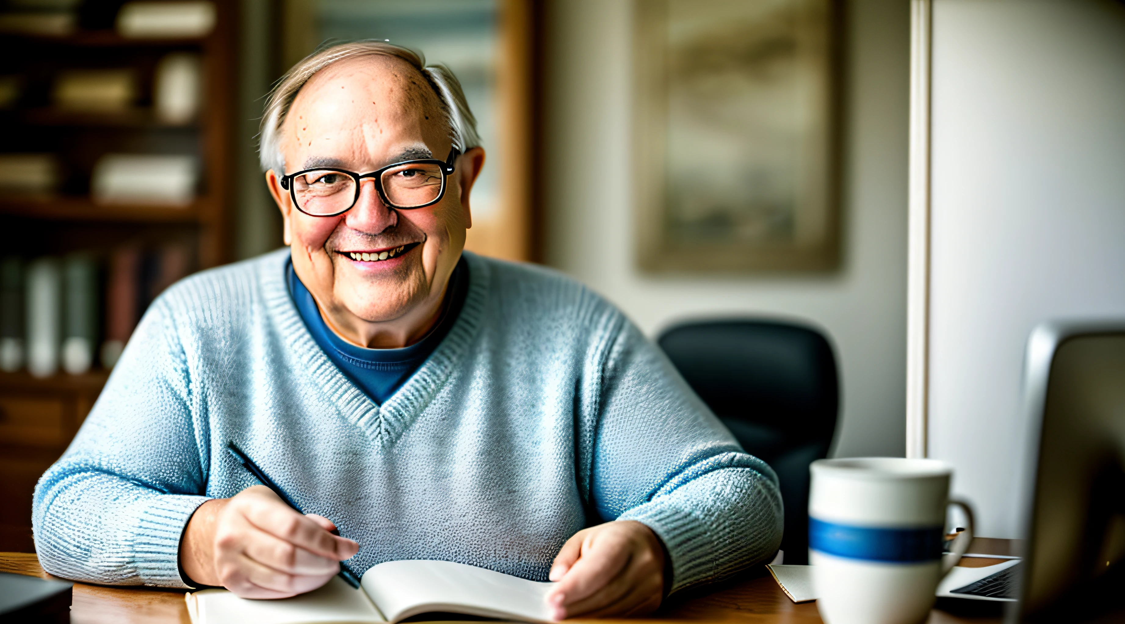 One guy，Um homem de 60 anos，Wear a jumper，wears glasses，slightly fat big breasts，Kind smile，The upper part of the body，Sit at the desk，gentlesoftlighting，tmasterpiece，best qualtiy，8K  UHD，digital SLR camera，filmgrain，Midjourney and greg rutkowski's Fujifilm XT3 realistic painting art
