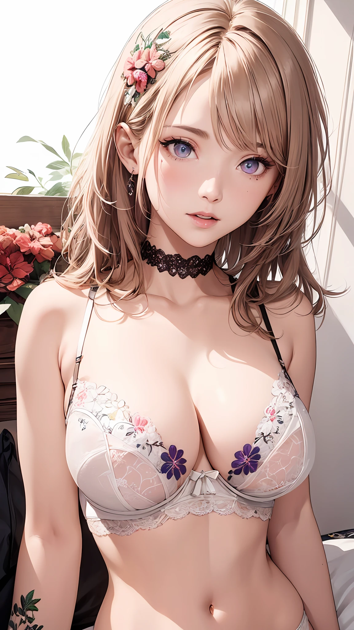 NSFW,Sexy,(White bra,White panties,+beautiful detailed Panties with colorful floral embroidery and gorgeous embroidery +:1.5),Salute,(Flower motif lingerie),(Gorgeous:1.2),(Lace,Detailed:1.3),(See-through:1.6),Large breasts,
break
Brown and pink inner color hair, (eyebrows hidden by hair), (Mole under the eyes), (Purple eyes:1.1), medium breasts,thin lips,(slender),Happy, break
masterpiece, Best Quality,(Photorealistic: 1.4),Ultra High Resolution, unity 8k, (Beautiful detailed eyes:1.6),Symmetrical, extra detailed face, Perfect Lighting, (Perfect hands, Perfect Anatomy),(White background:1.3)