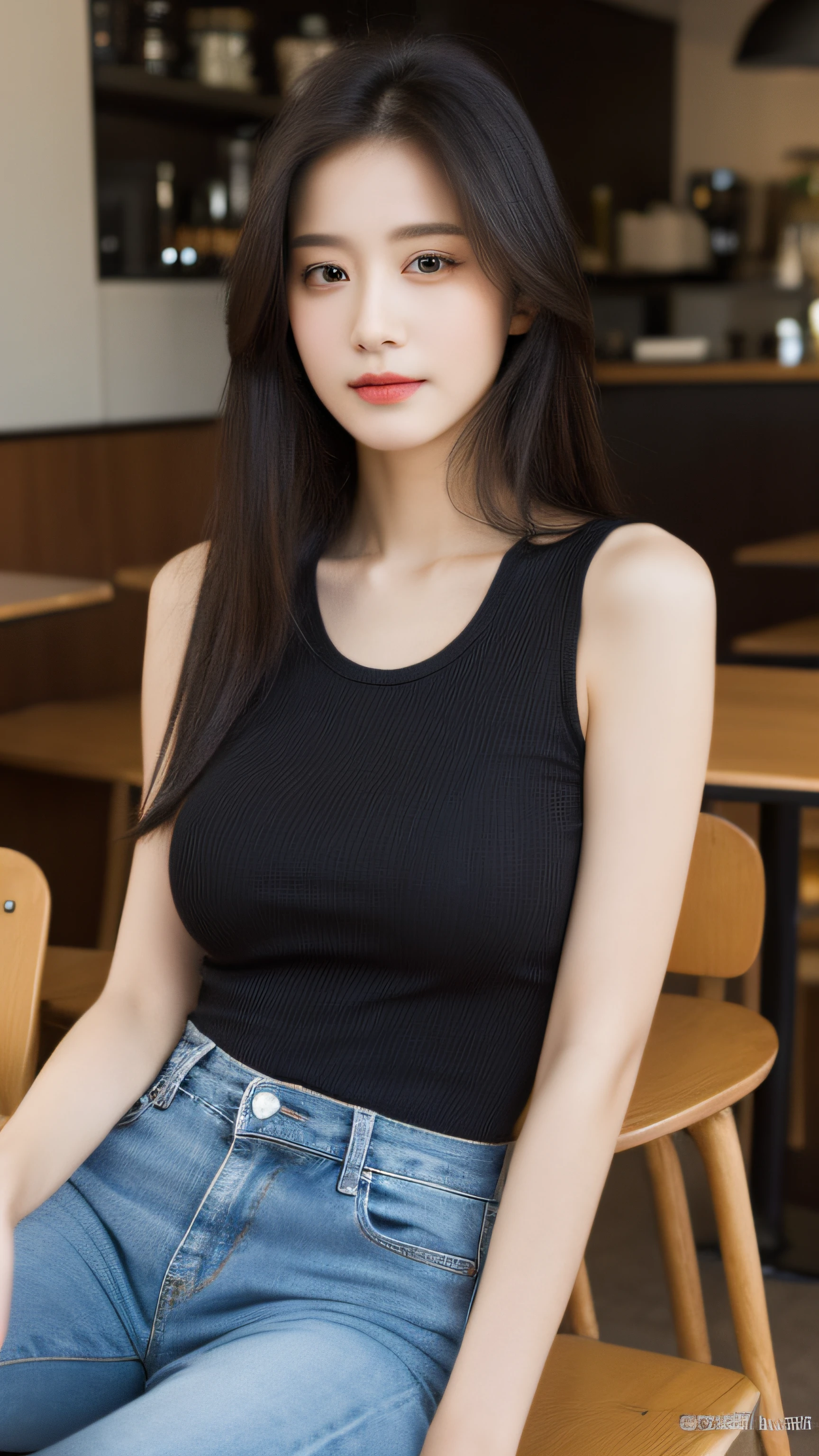 (Realistic, High resolution:1.2), 1 girl, super fine face and eyes, long hair, tight black tank top with black jacket, short jeans, sitting on coffee chair, in café, coffee on table, big breasts