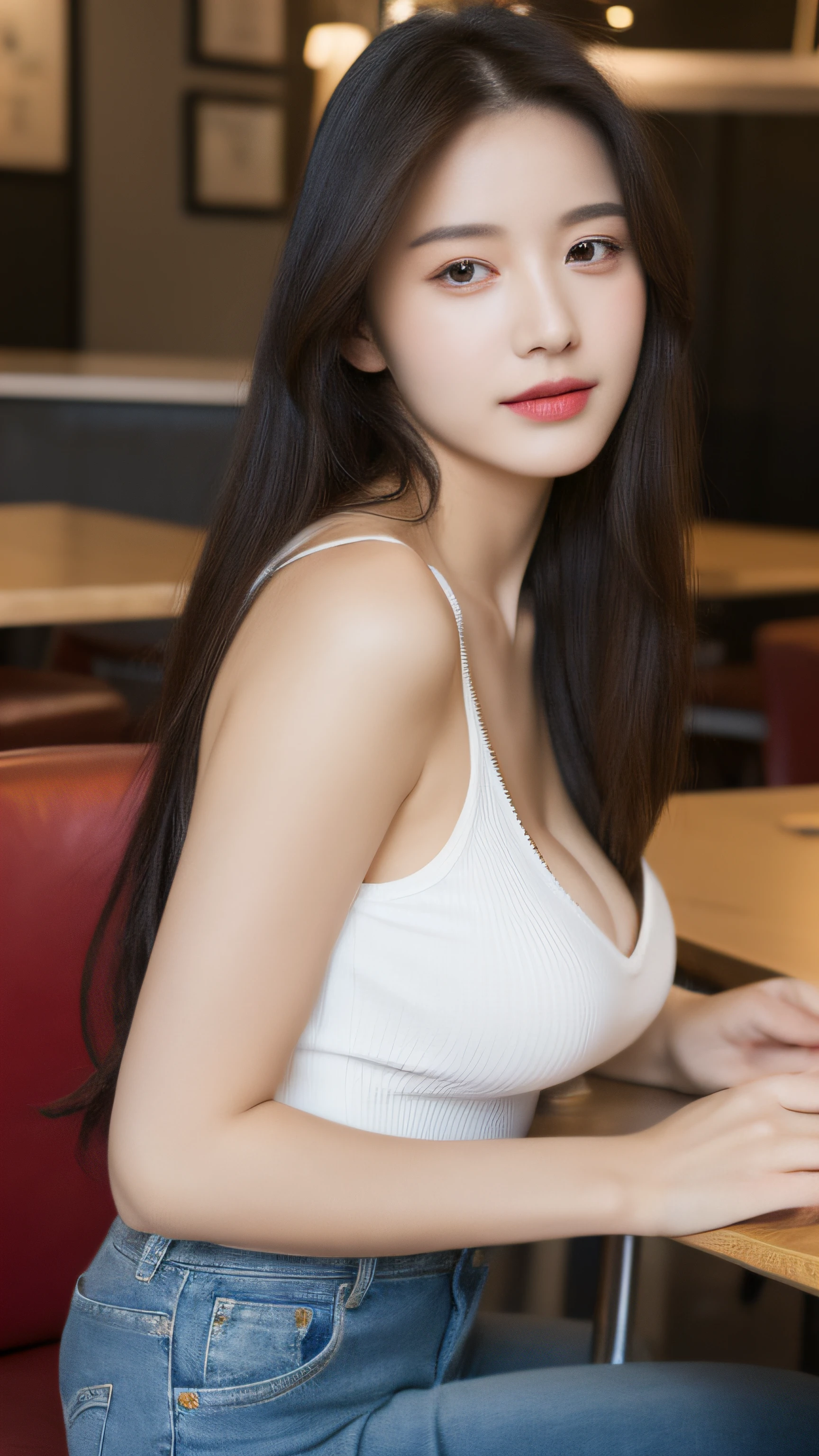 (Realistic, High resolution:1.2), 1 girl, super fine face and eyes, long hair, tight black tank top with black jacket, short jeans, sitting on coffee chair, in café, coffee on table, big breasts