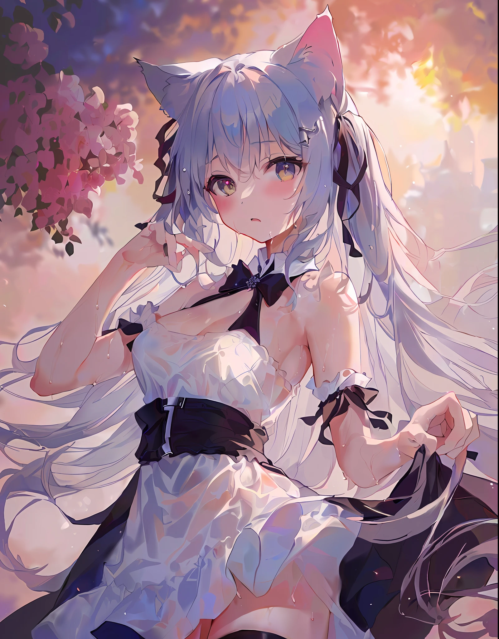 chinadress,wet,medium_breasts,white_thighhighs, {best quality}, {{masterpiece}}, {highres}, {an extremely delicate and beautiful}, original, extremely detailed wallpaper,1girl,{COLORFUL},{VIVID COLORS},{VIVID},{flat color},{Hand detail},{{Correct hand structure}},{cat_ears},{Background refinement},{Sharp fingers},{summer_dress}