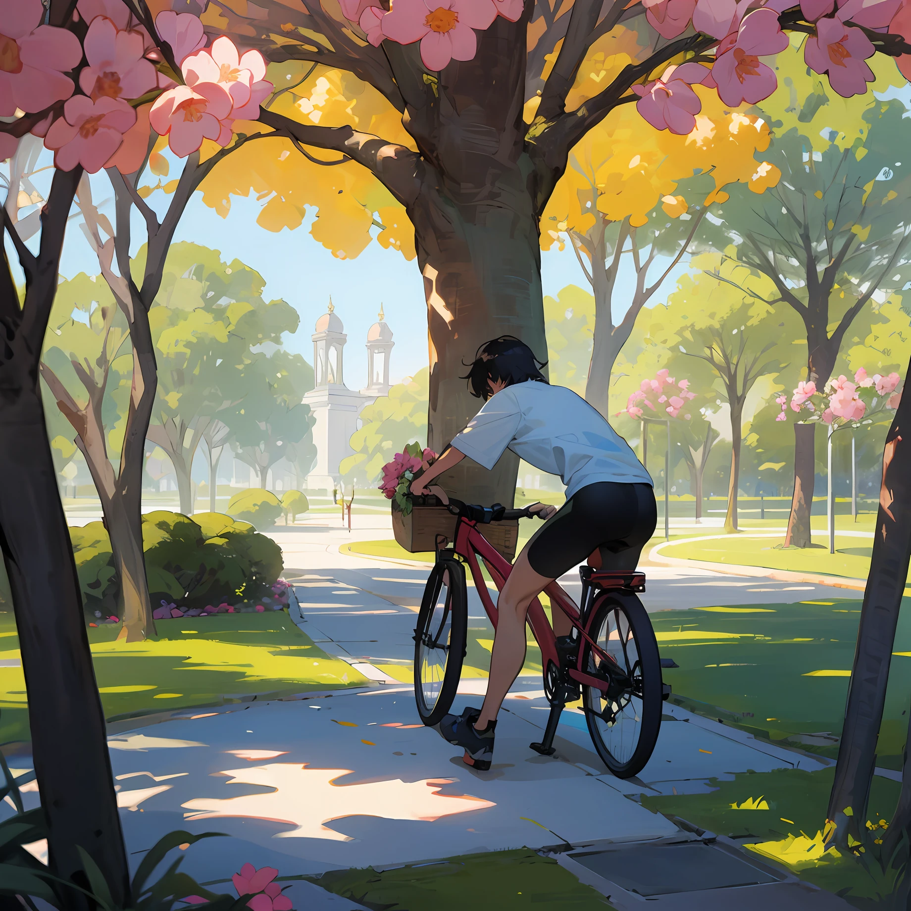 Uma bicicleta rosa com uma cestinha de flores amarelas, In the shade of a garde tree in the park, dia de sol, brazi, Obra-prima, melhor qualidade, (papel de parede 8k de unidade CG muito detalhado) (melhor qualidade), (best illustration), (melhores sombras)