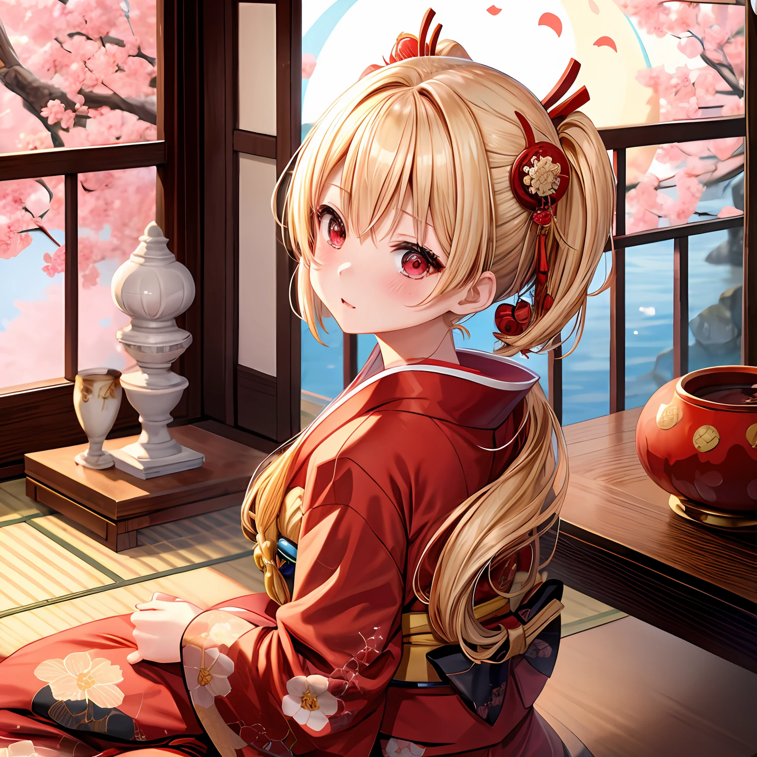 a blond、red eyes、One girl、kawaii、animesque、Kimono、red blush、traditional Japanese room、a moon、