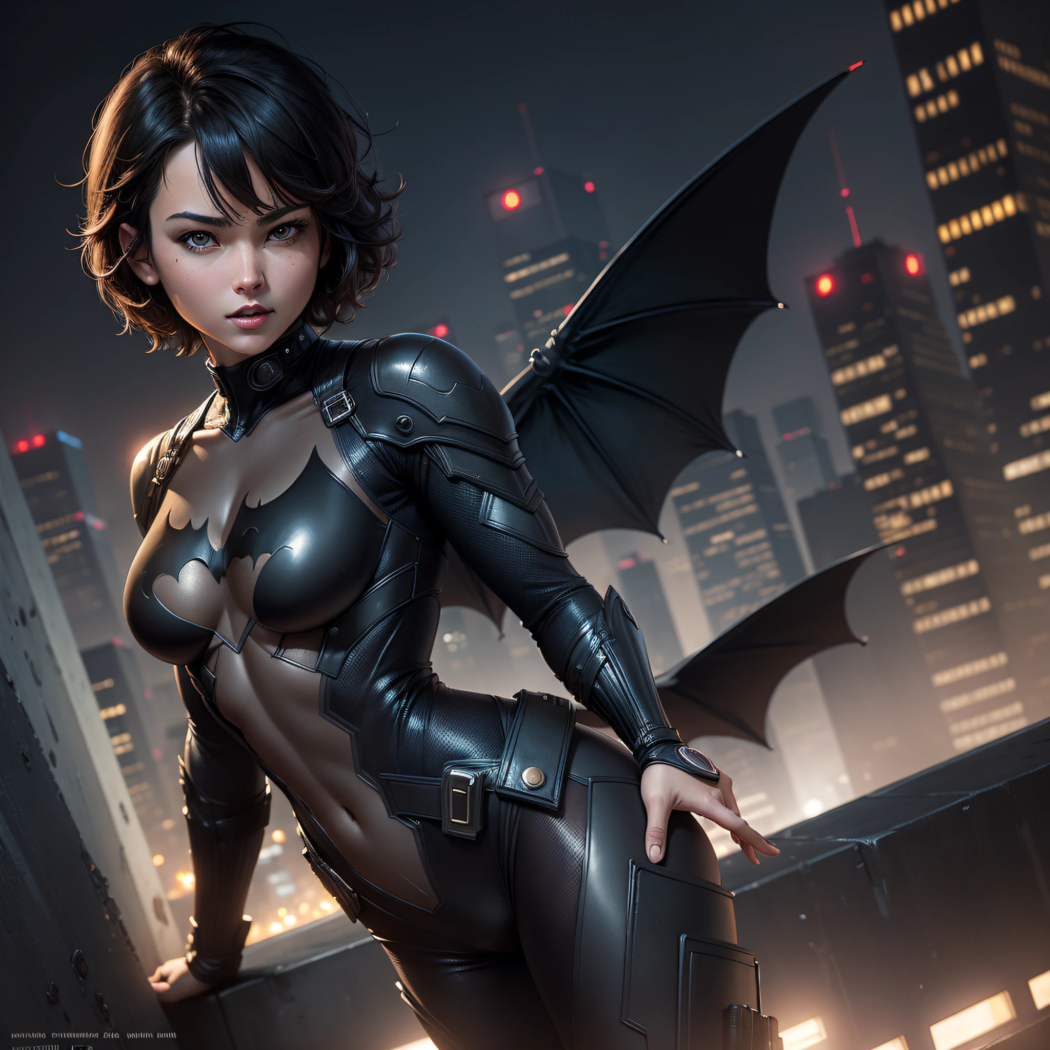 a short hair young female wearing bat-man suit standing in the rooftop of city night with combat pose,jim lee,((best quality)), ((masterpiece)), ((realistic)), (detailed)