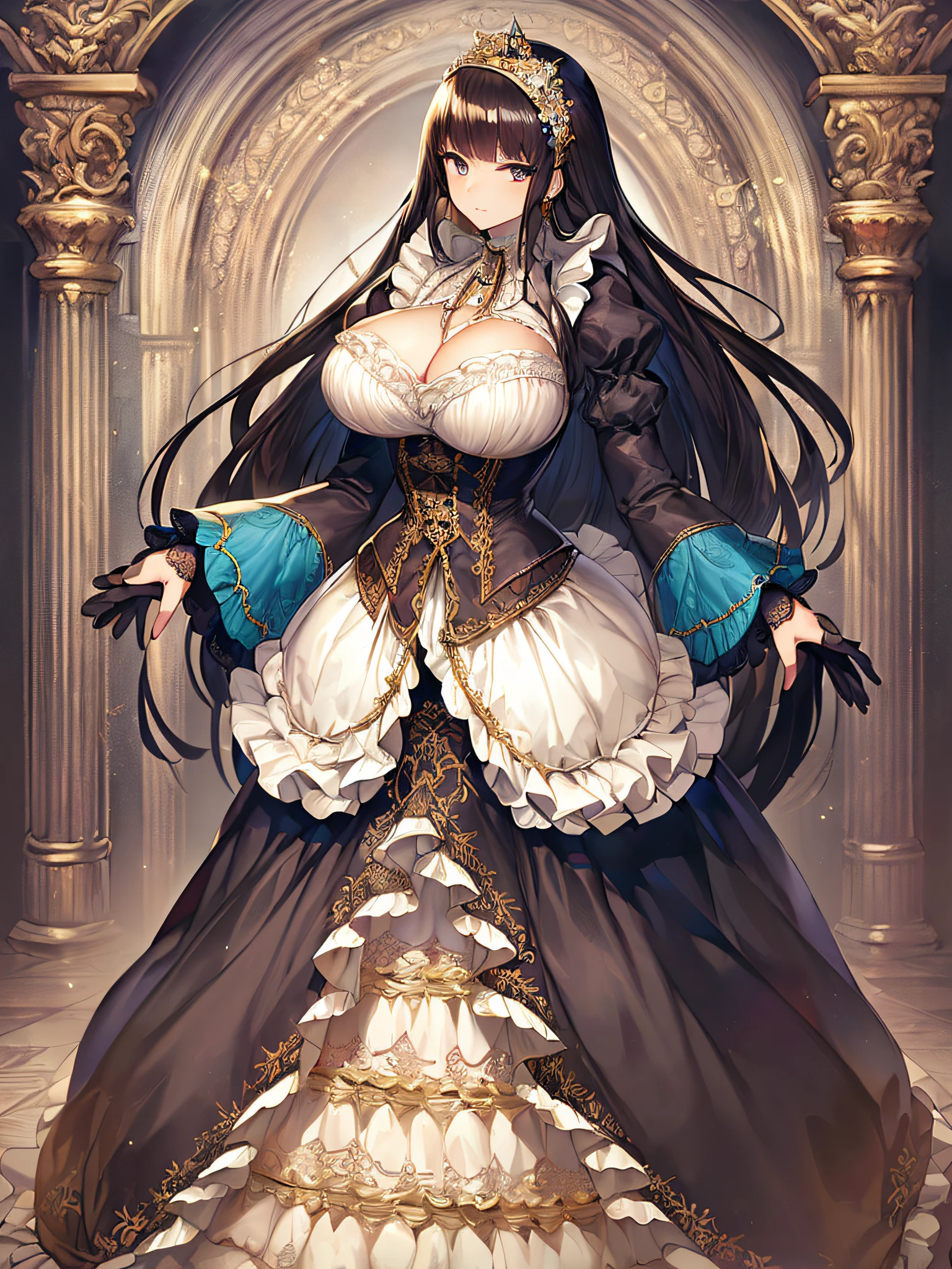 ((anime artstyle)),(Masterpiece),(Best Quality), (Super Detail),((Very Delicate and Beautiful)),((Solo)),((full body)),((1 victorian princess in gorgeousfull victorian dress with voluminous skirt)),many ruffles,detailed face and eyes,jewel-like eyes,((voluminous Very Long Straight Hair)),((gorgeousfull embroidery and lace)),gorgeous corsage,See-through,gorgeousfull hair ornament,gorgeousfull glitter jeweled tiara,ornate ruffles,((gigantic breasts,Long breasts)),skindentation,((full body)),((hoop skirt,crinoline)),standing pose,Dynamic Angle,Looking at viewer,royal palace,(((gorgeous embroidery gorgeousfull victorian dress with voluminous skirt)),full body