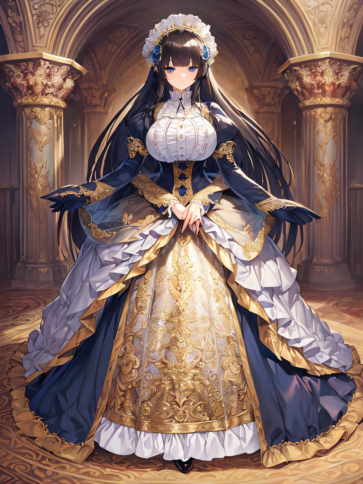 ((anime artstyle)),(Masterpiece),(Best Quality), (Super Detail),((Very Delicate and Beautiful)),((Solo)),((full body)),((1 victorian princess in gorgeousfull victorian dress with voluminous skirt)),many ruffles,detailed face and eyes,jewel-like eyes,((voluminous Very Long Straight Hair)),((gorgeousfull embroidery and lace)),gorgeous corsage,See-through,gorgeousfull hair ornament,gorgeousfull glitter jeweled tiara,ornate ruffles,((gigantic breasts,Long breasts)),skindentation,((full body)),((hoop skirt,crinoline)),standing pose,Dynamic Angle,Looking at viewer,royal palace,(((gorgeous embroidery gorgeousfull victorian dress with voluminous skirt)),full body