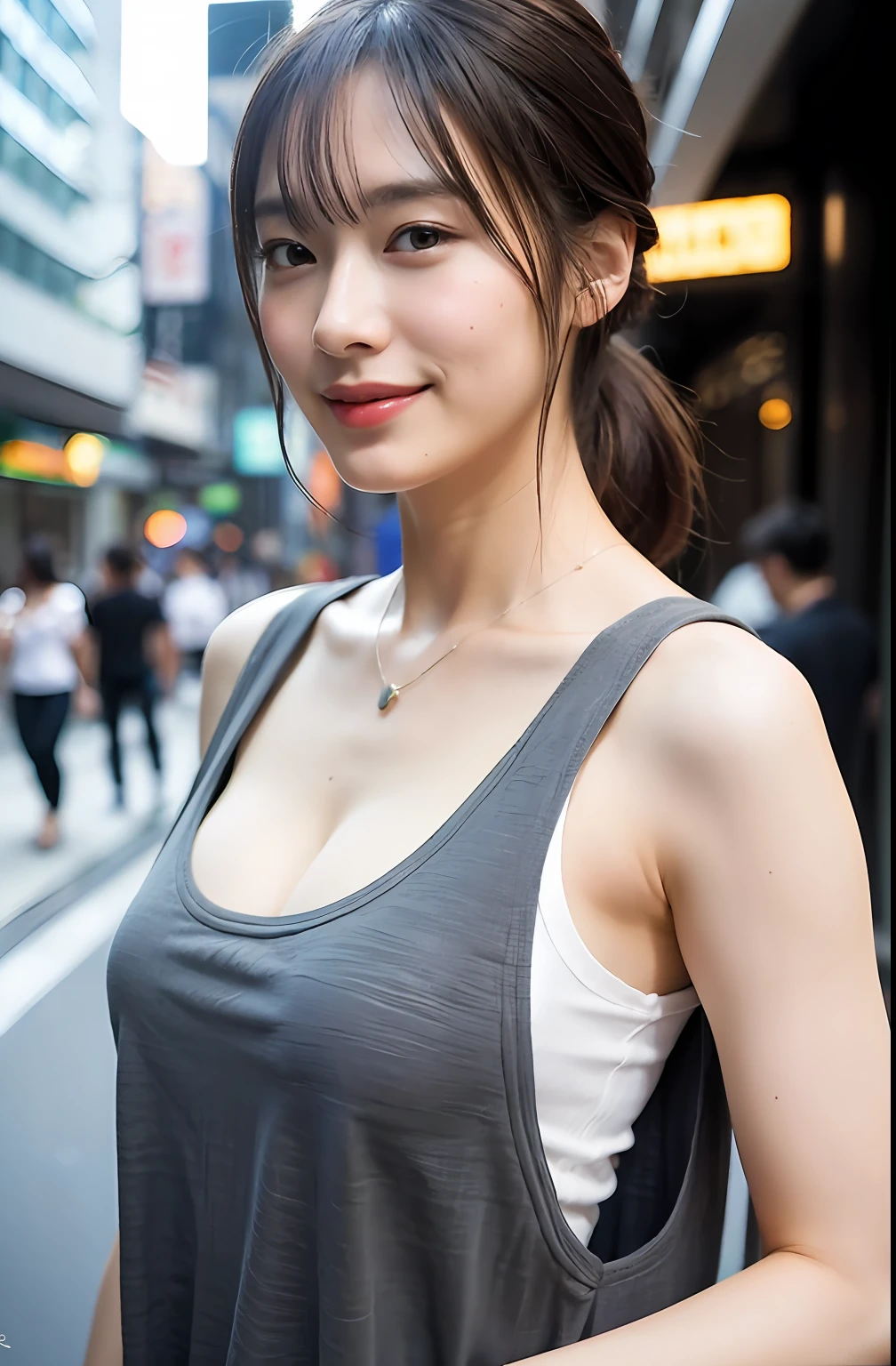 ((8K:1.27)、top-quality、​masterpiece、超A high resolution:1.2)Photo Beautiful Japan woman (pleasing:1.1) (grey Clothes:1.21) Design by Gregg Lutkowski and Alphonse Mucha Intricate Elegance、Fantasia、the detail、Geometry、Gradient lighting、1girl in、26 year old、Delicate skin、looking at the spectator、Brown-eyed、(short flaxen hair:1.2)、(very large breast:1.0)、(medium areola:0.8)、(Photorealsitic:1.4)、(top-quality:1.0)、(超A high resolution:1.0)、(without hands:1.0)、8K、Raw photography、 (Representative songs: 0.2), (pureerosface_v1:0.5)、Tight clothes、tote bags、Sleeveless、Onepiece、Sleeveless、see -through、Laugh、short-cut、a necklace、Linen material、The shirt、Ginza 4-chome、After work、early evening、Business Fashion、Parted bangs、Hair is tied up、Gentle smile、Sweaty、It's morning and my clothes are stained、