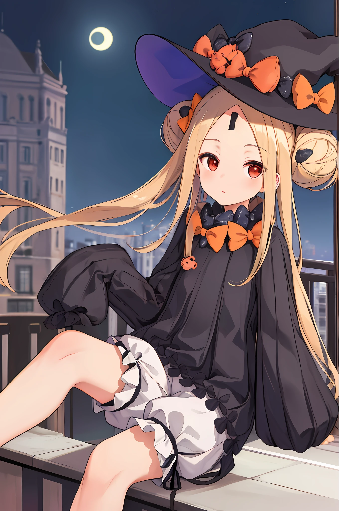 masterpiece, best quality, highres, hmaw1, double bun, hat, black dress, long sleeve, witch hat, black sleeves, white bloomers, sitting, balcony, city background, holding teddy bear, teddy bear, stuffed animal, moon, red eyes, shocked, portal