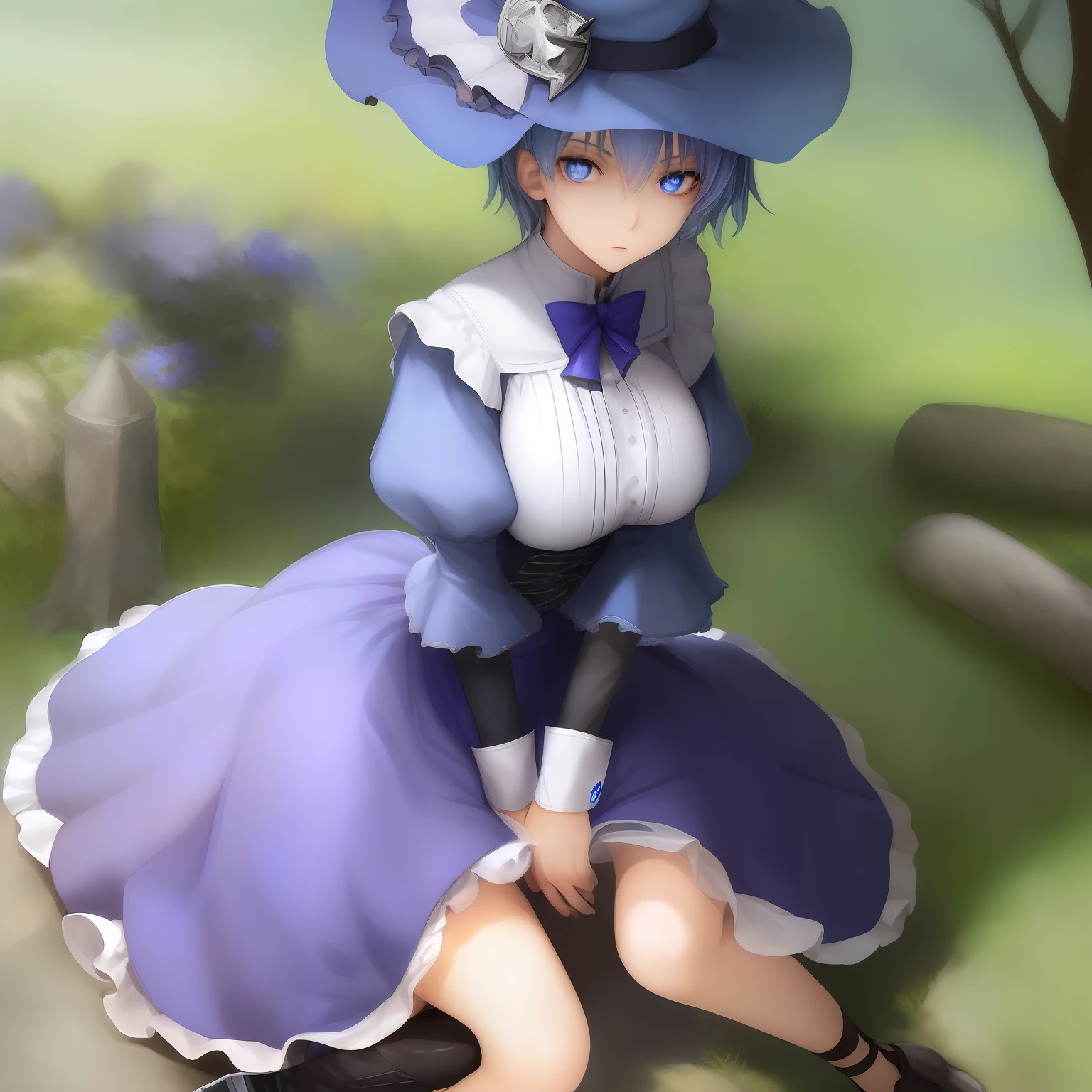 (masterpiece), best quality, perfect face, expressive eyes, merlin prismriver,1girl,hat,blue eyes,blue hair, short hair, long sleeves, skirt,w sitting, legs on the ground, sitting on ground, w sitting on ground, arms between legs, both arms between legs, big breast,good breast