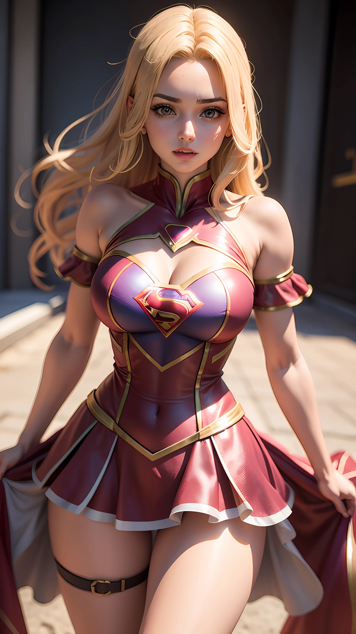 Mulher fofinha, corpo fofo, seios grandes, vestido fantasia de Supergirl,ultra realista, anime 3D