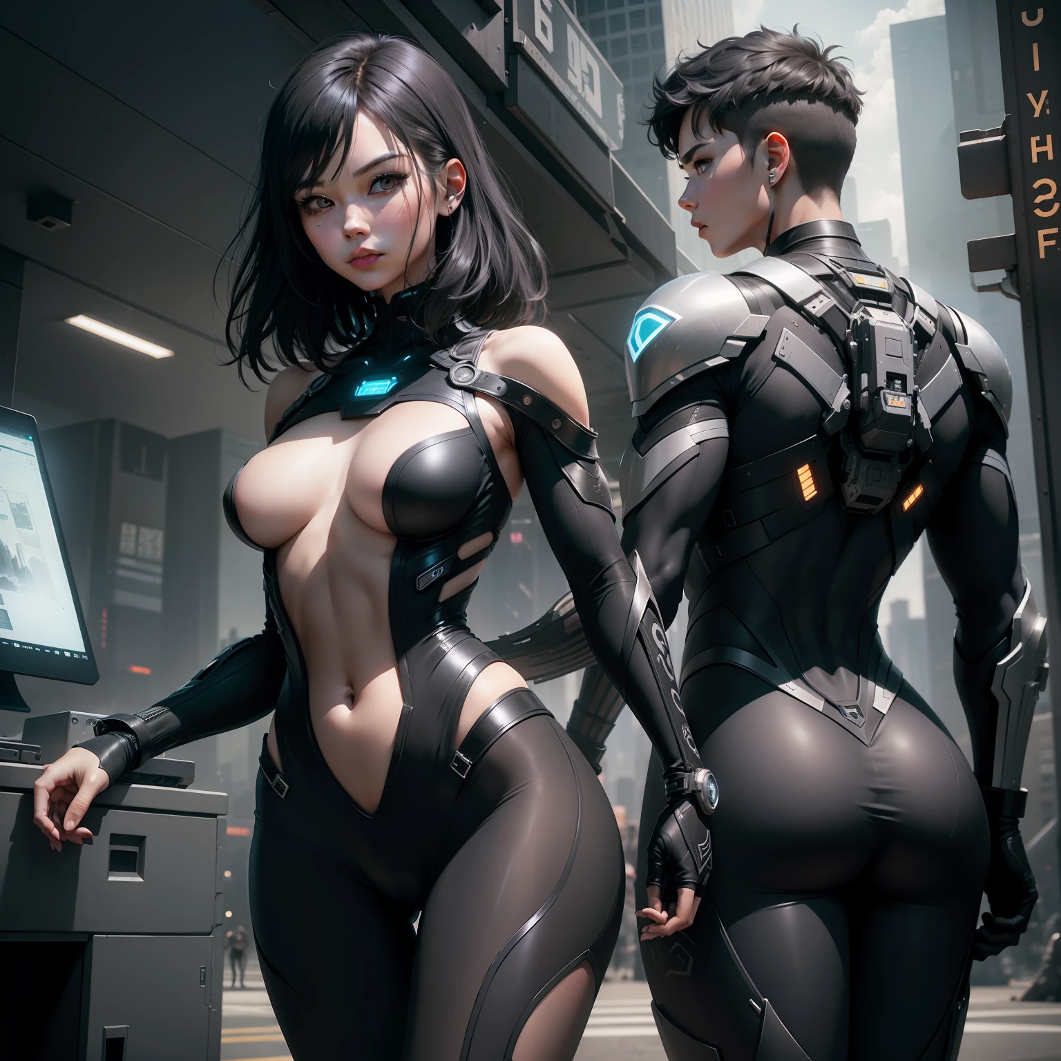landscapes、Futuristic cities、Huge building、cyberpunked、(the Extremely Detailed CG Unity 8K Wallpapers)、most beautiful artwork in the world、Professional spectacular oil painting、with an intricate、high detailing、foco nítido、Dramatic and photorealistic pictorial art、Twin men and women line up front and back、Woman in mysterious black bodysuit in front、Wear of metal parts、short-hair、Black hair color、the tips of the hair stand up、Small breasts 1.1、Super small breasts、Less exposure、pleatedskirt、Man in black mechanical bodysuit standing behind、Fearless look、Slender Macho Body、2guys、