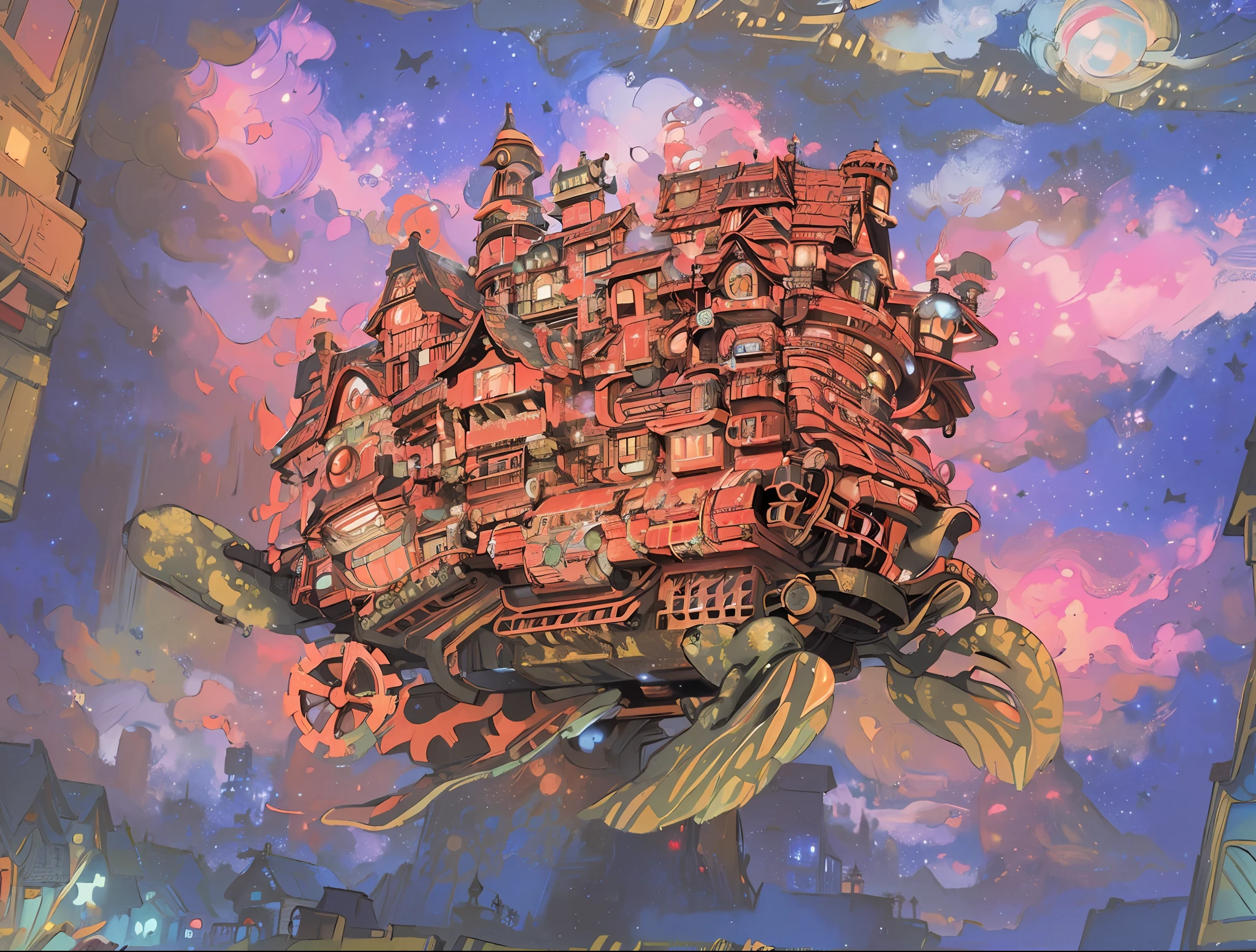 masterpiece, best quality, extremely details, gear, house, night sky, red lights, stars, universe, masterpiece, masterpiece, house, lightings, sci-fi, houses, (town on the back of a turtle), steam punk, (turtle)